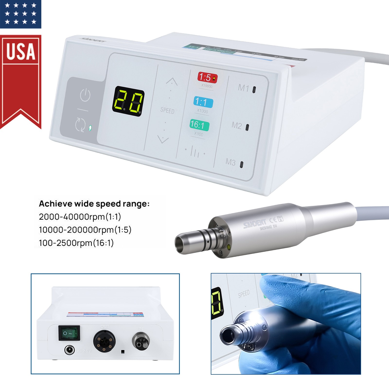 SANDENT Dental Brushless Electric LED Micro Motor Internal Spray E-type 3.4Ncm