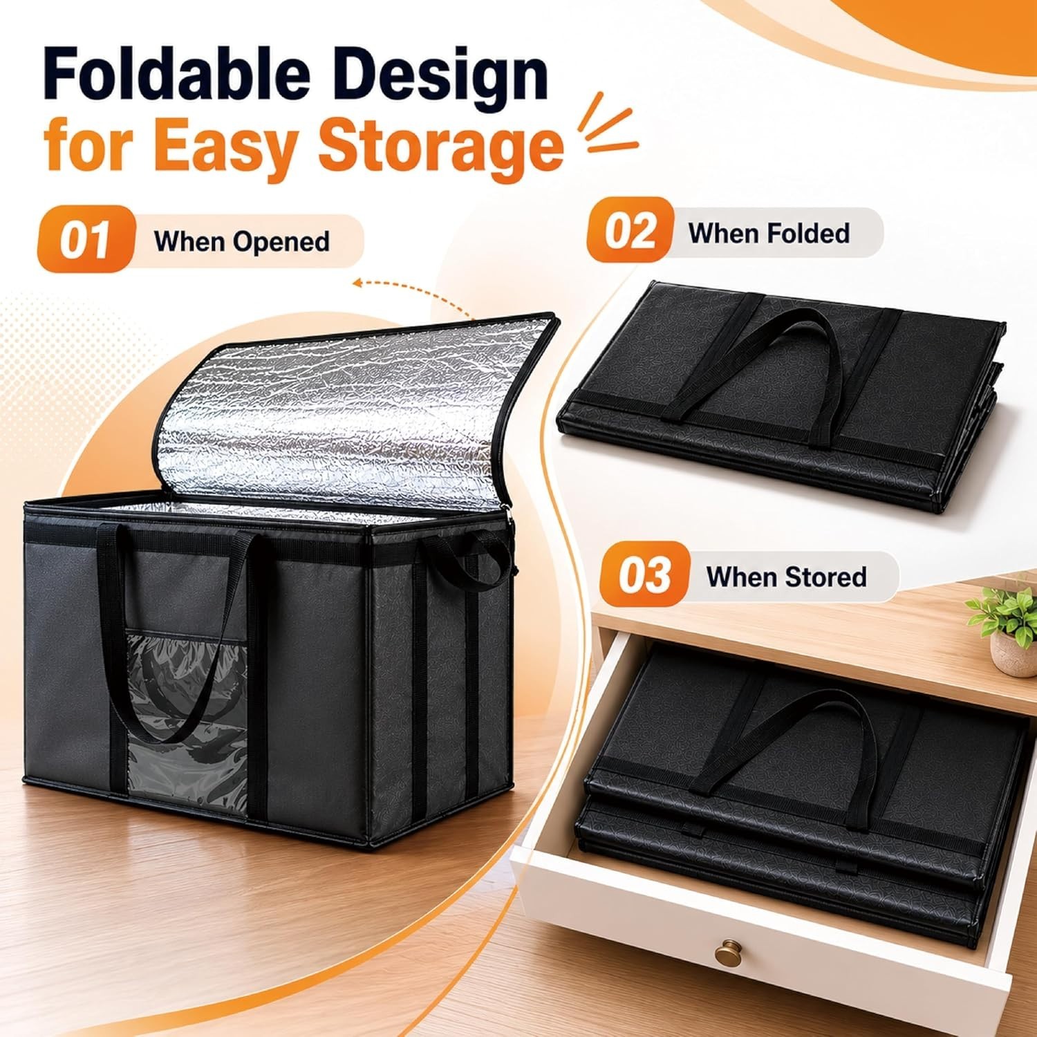 Durable Insulated Bag for Food Delivery, Reusable Cooler with Slip Pocket