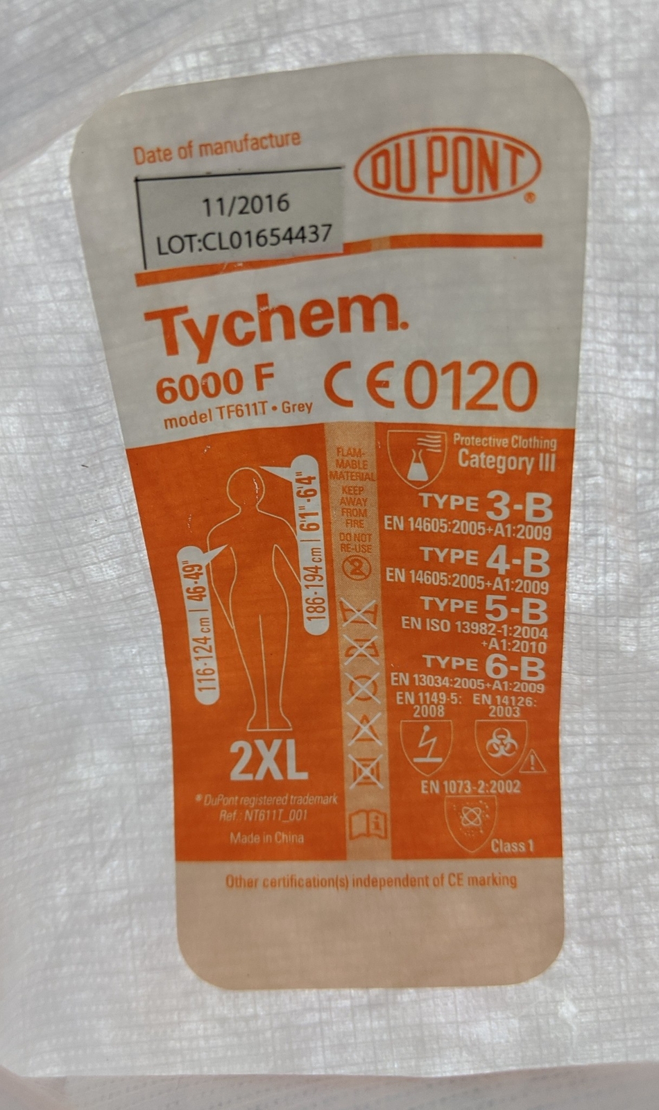 Dupont Unisex Adult Gray Size 2X-Large Tychem 6000 Hooded Coverall TF611T