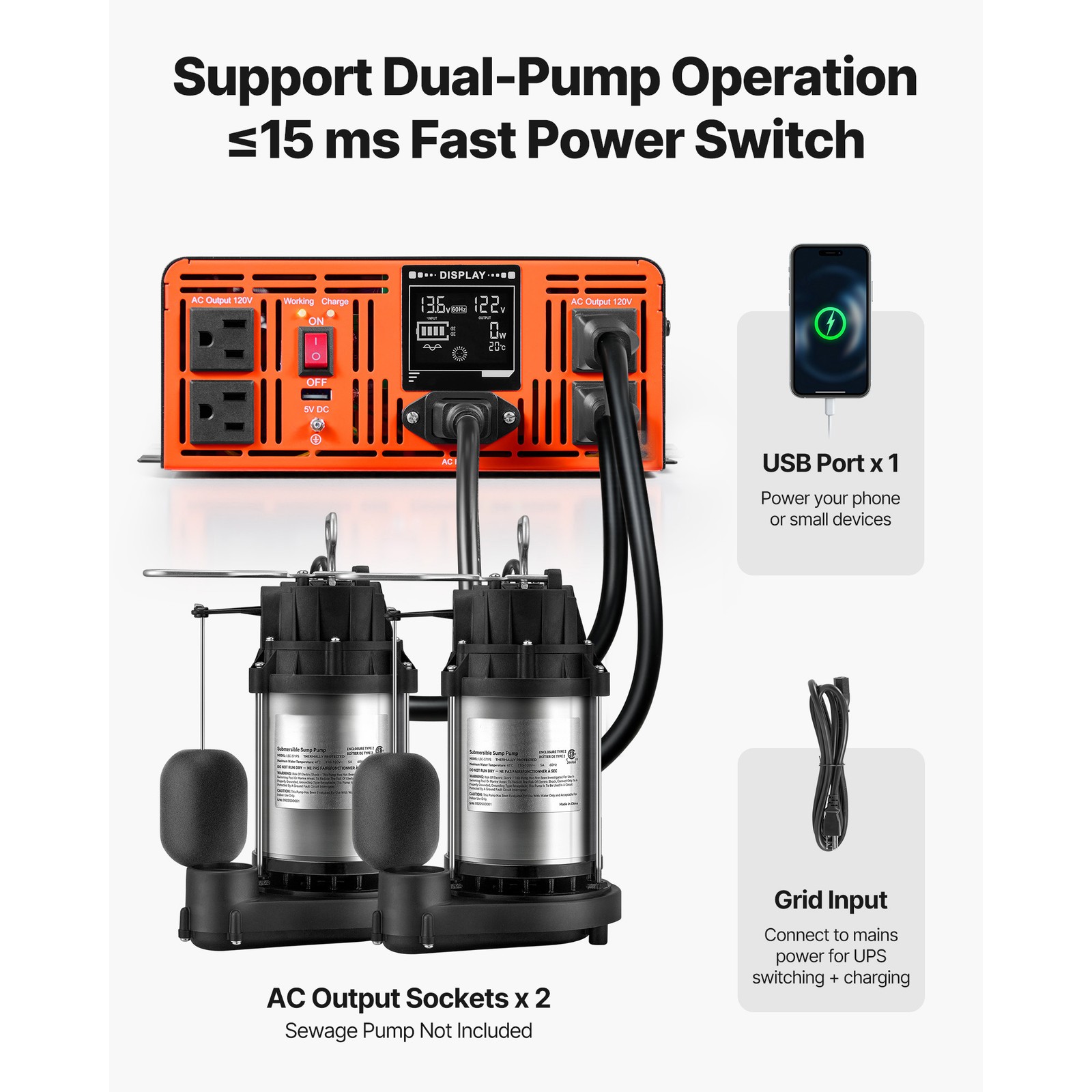 Uimoso 3000W Sump Pump Backup System with LCD Pure Sine Wave Inverter