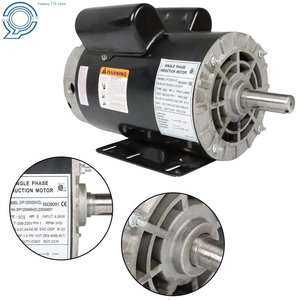 5 HP Compressor Duty Electric Motor 1 Phase 3450 RPM 56Hz Frame 7/8″ Shaft 230V