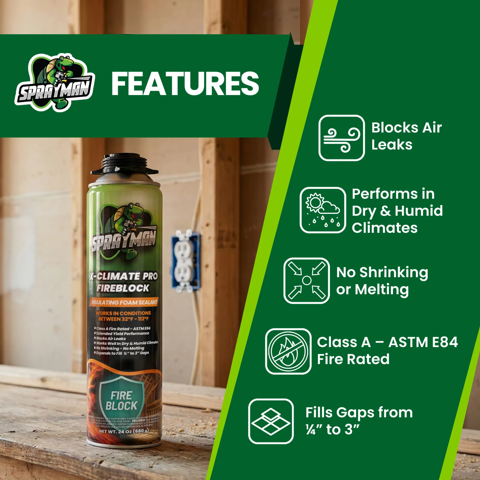 Sprayman X-Climate Pro Fire Block Foam Sealant 24oz 660g, 1 Pack – Gun Incl. Set