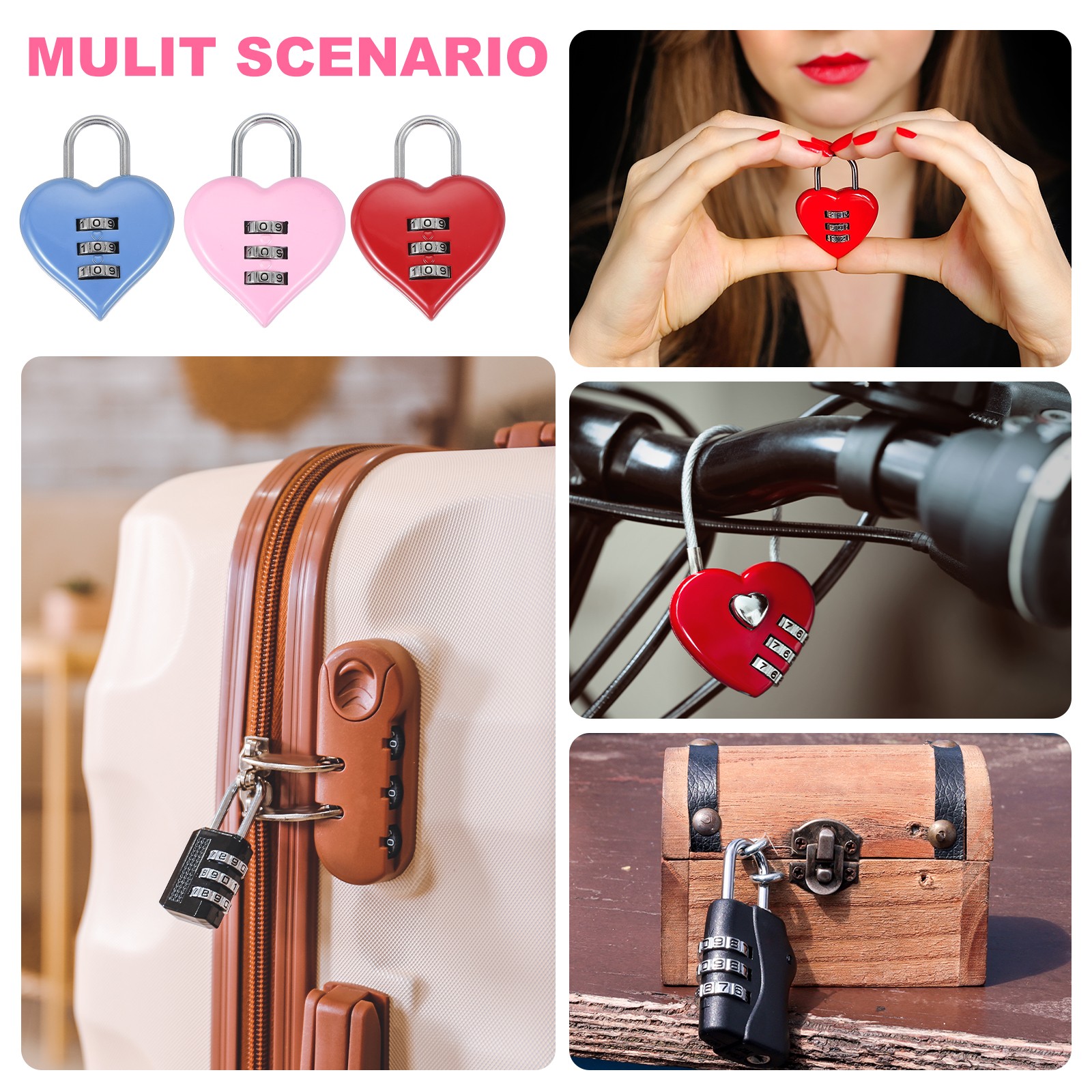 2 Pack Combination Locks Heart Shape Password Padlock Love Locker Lock Pink