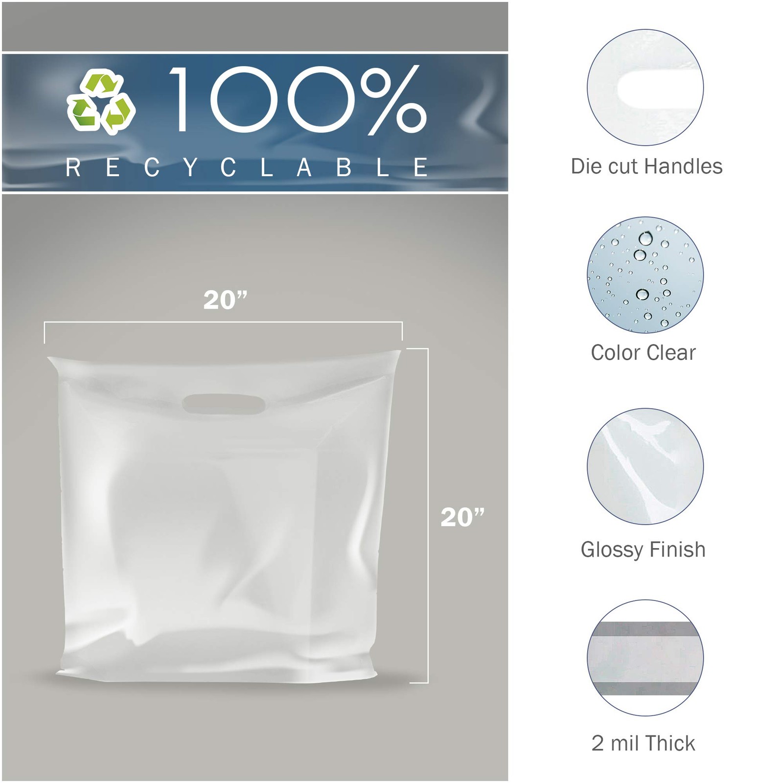 Clear Merchandise Plastic Shopping Bags – 100 Pack 20 x 20 with 2 mil Thick Extr