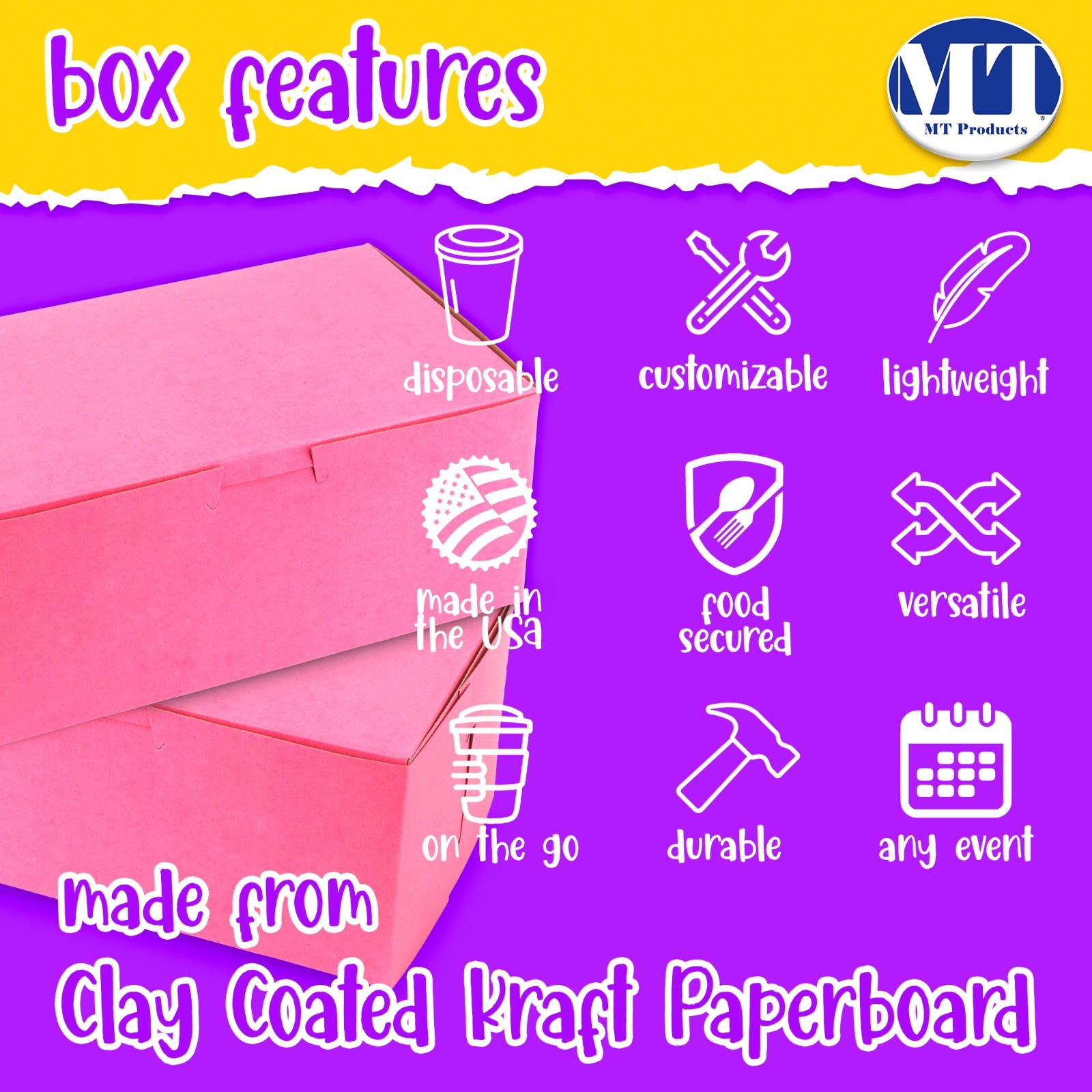 MT Products 8″ x 5″ x 3.50″ Clay Coated Pink Bakery Boxes Non-Window – 25 Pieces