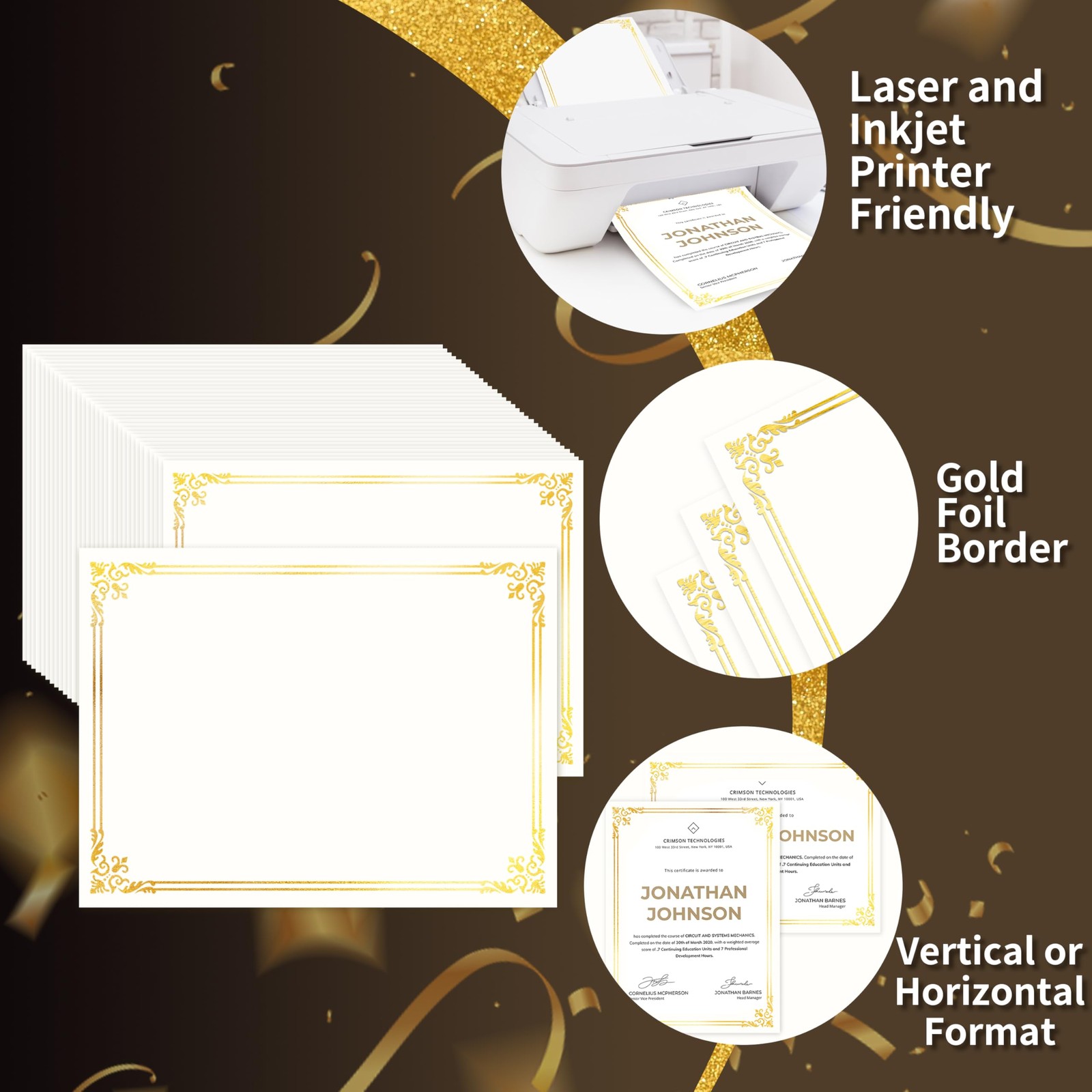 50 Sheets Certificate Paper for Printing,Gold Foil Metallic Border,8.5×11 inc…
