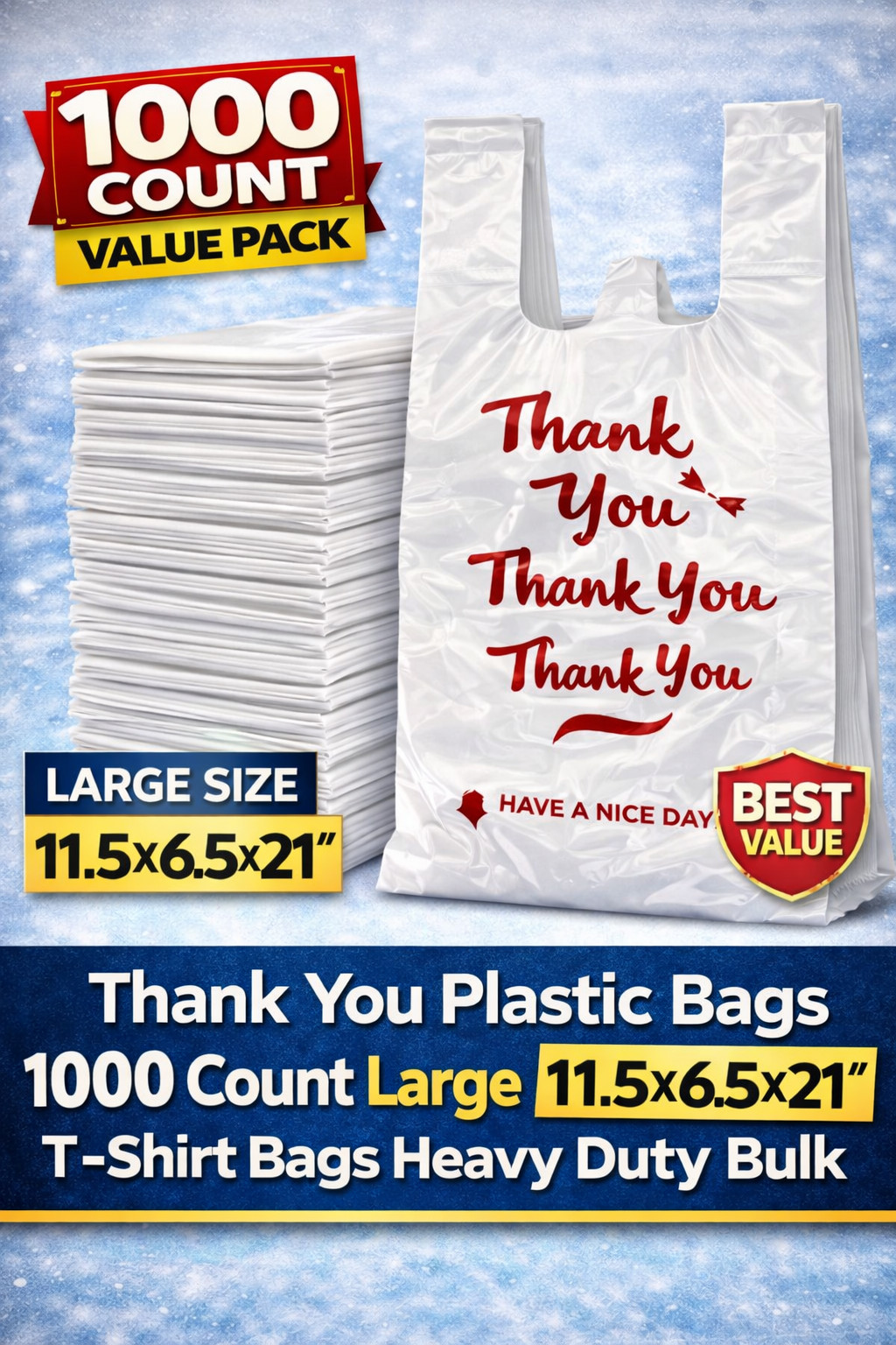 Thank You Plastic Bags 1000 Count Large 11.5×6.5×21 Heavy Duty T-Shirt Bags Bulk