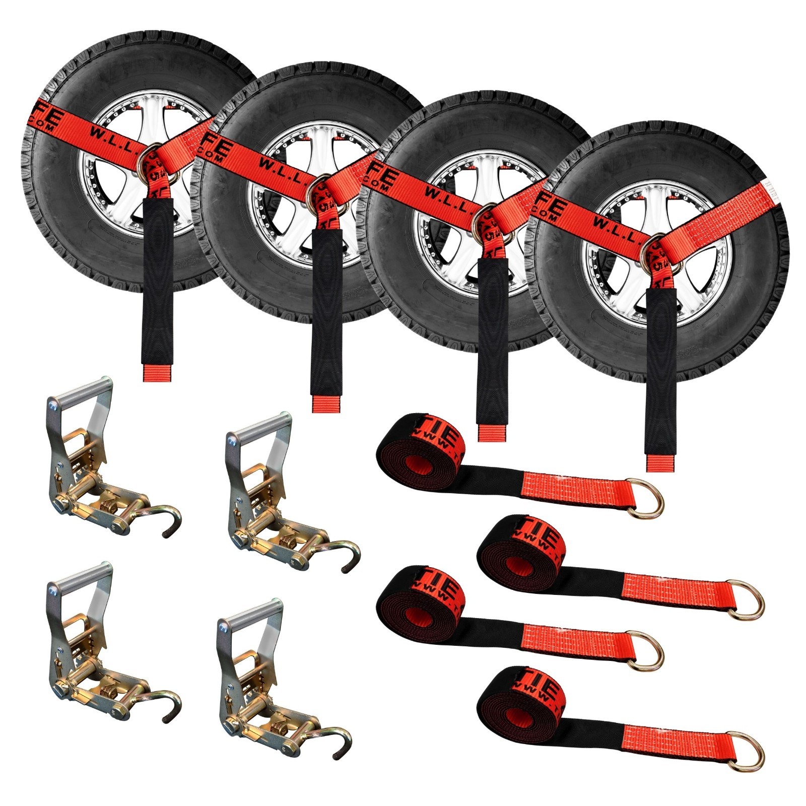 4 Sets 2″ x 10′ Ratchet w/Finger J Hook Wheel Lift Lasso Strap Tow Truck Towing