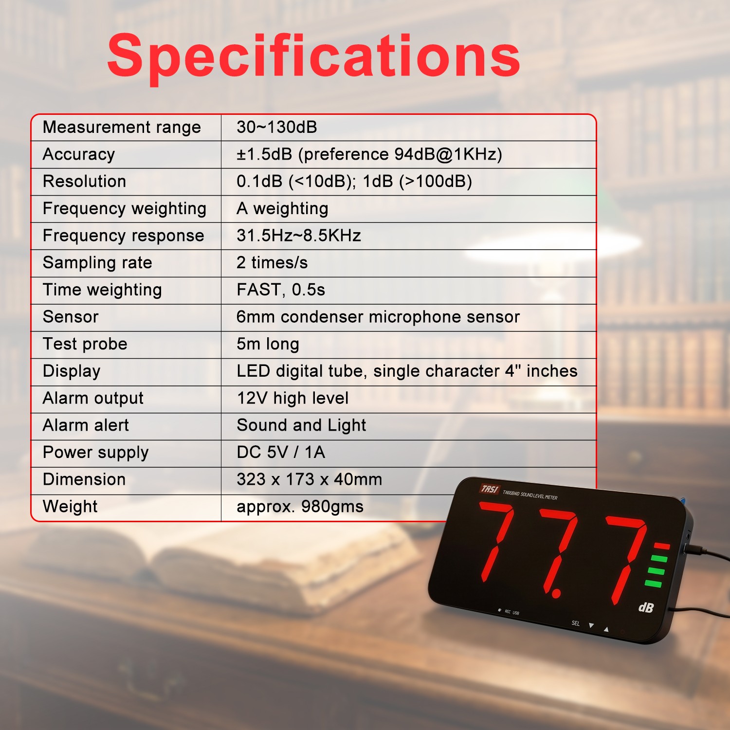 Sound Level Meter Decibel Meter 30-130dB Wall Mount Data Logging Alarm 13″ Large