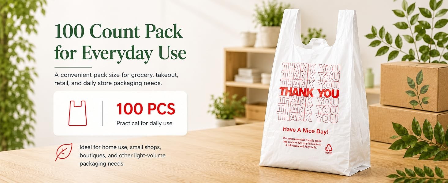 100 Count White Thank You T-Shirt Bags, 11 x 6 x 21 in | Durable HDPE with