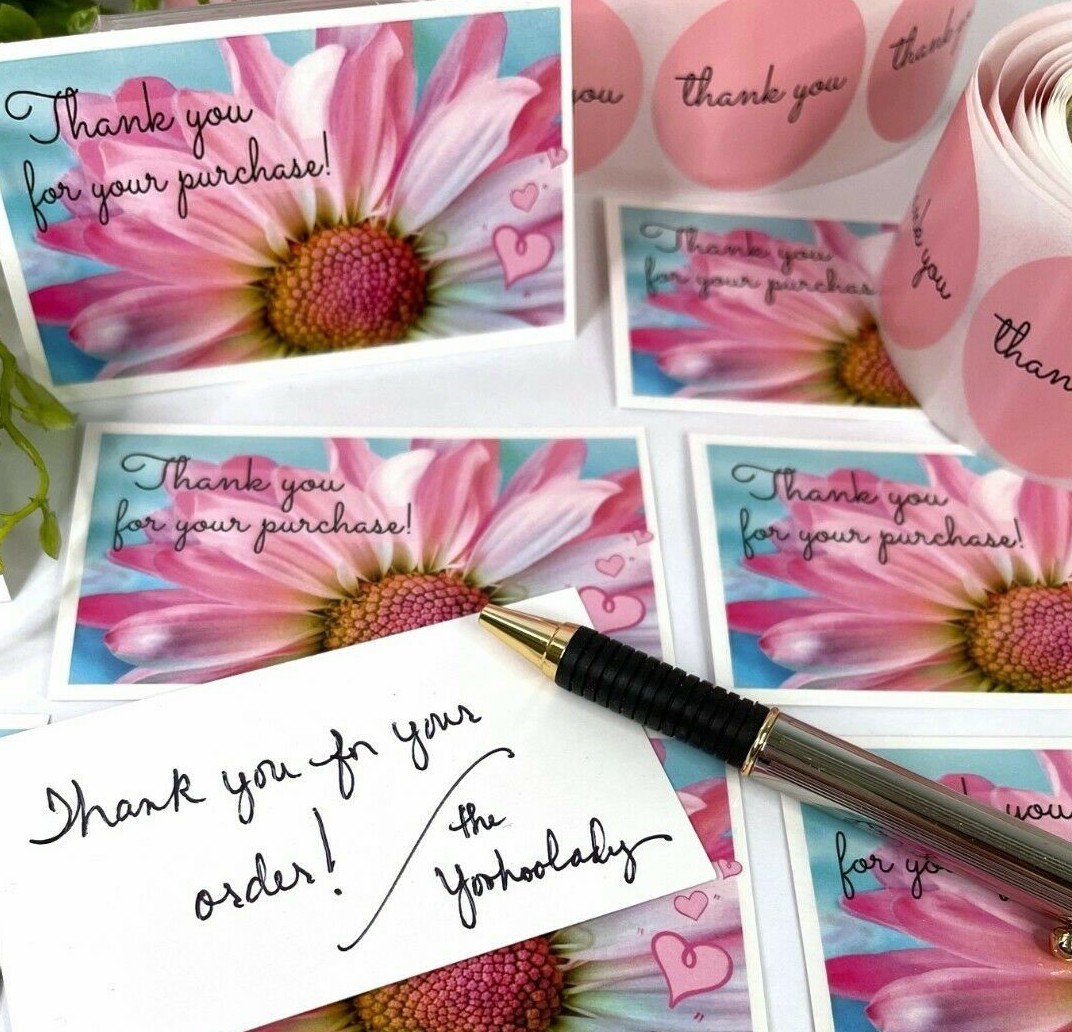 200 pc Business Set, Thank You Cards. Thank You Stickers, Pink Daisy 100 Sets
