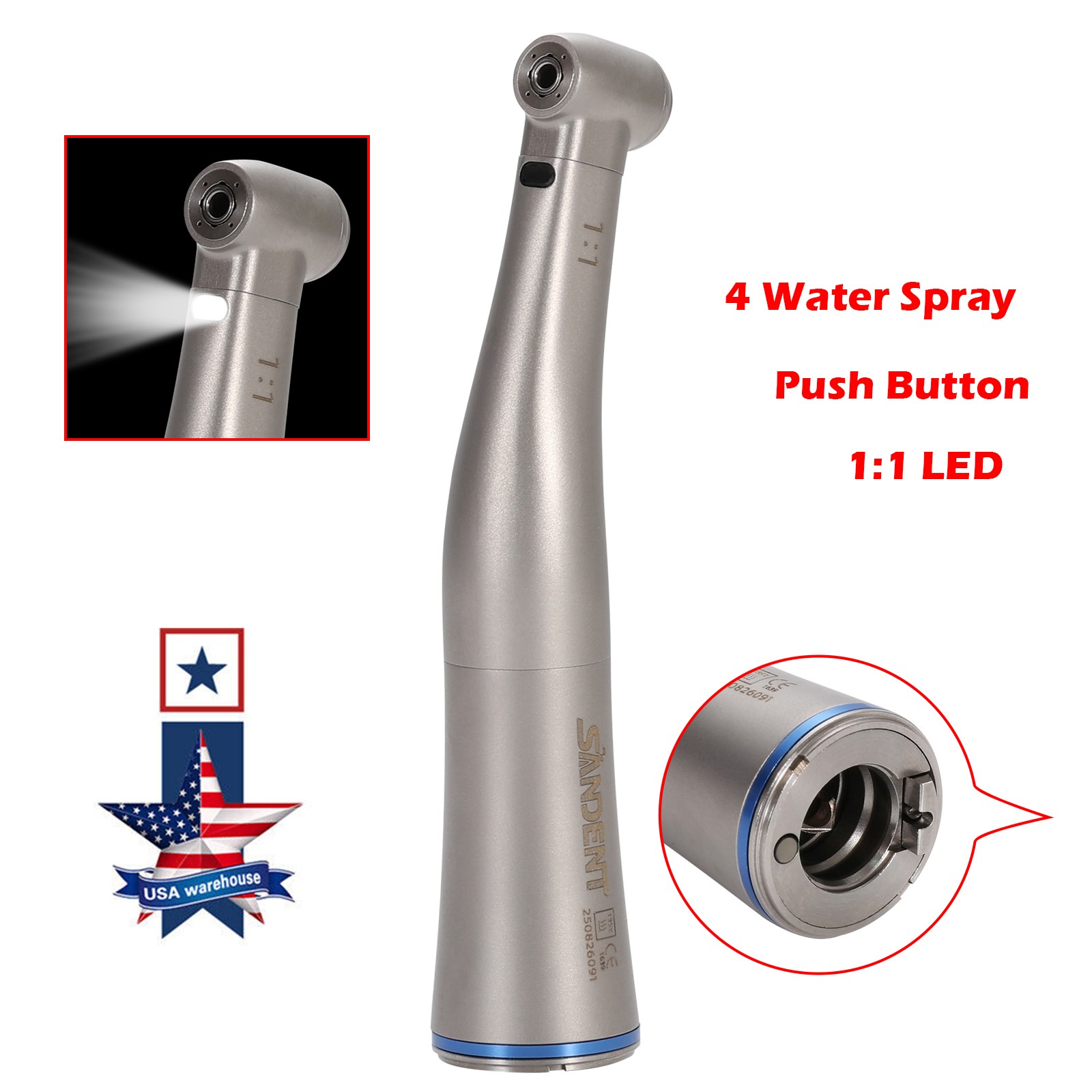 SANDENT Dental 1:1 Fiber Optic LED Contra Angle Handpiece Inner 4 Spray E-type