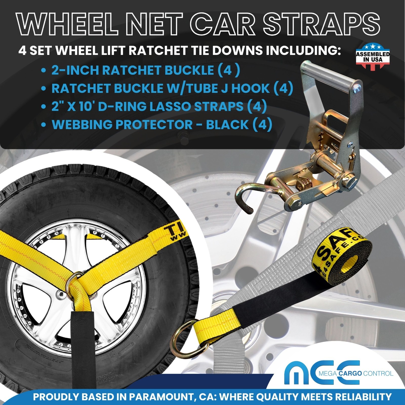 4 Sets 2″ x 10′ Ratchet w/Finger J Hook Wheel Lift Lasso Strap Tow Truck Towing