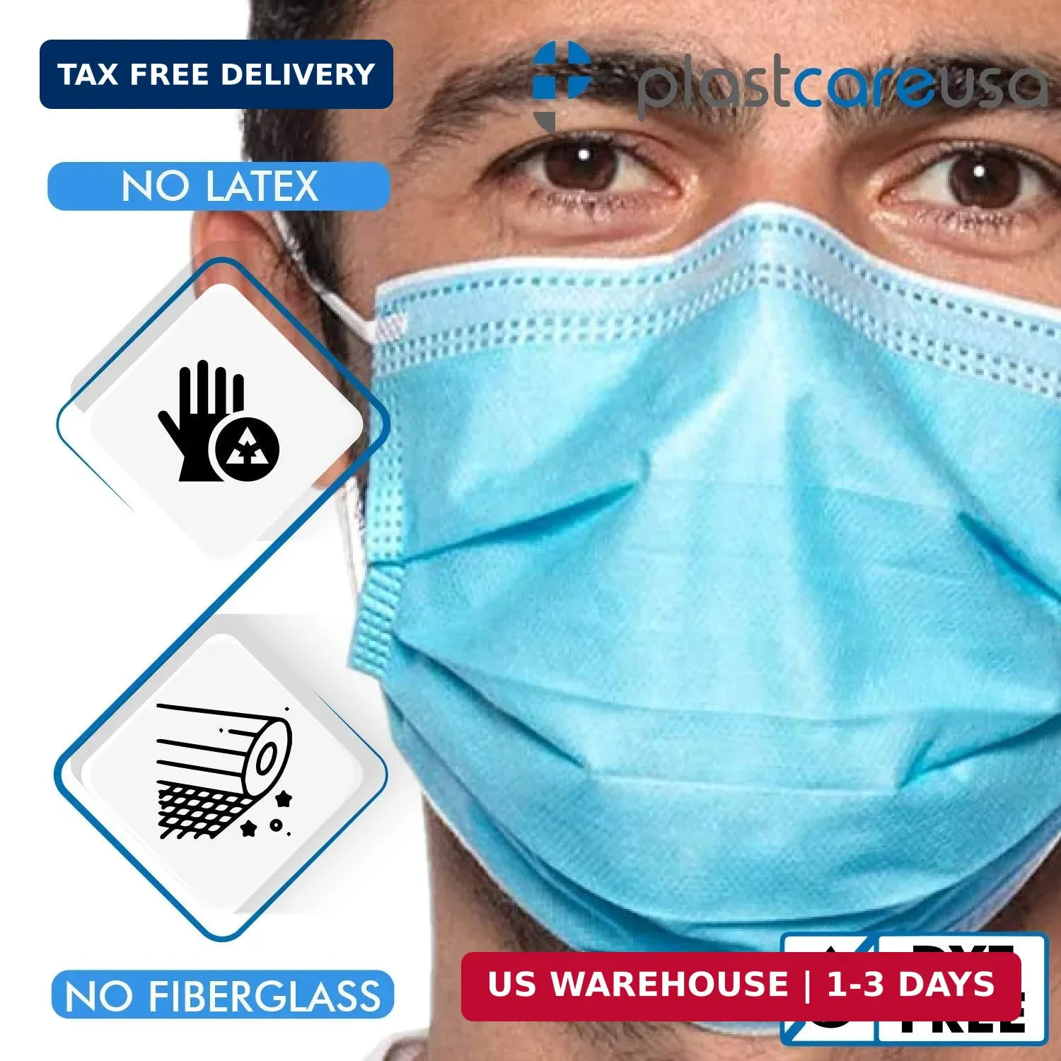 PlastCare USA Box of 50 4-Ply ASTM Level 3 Face Masks, Disposable (Blue)