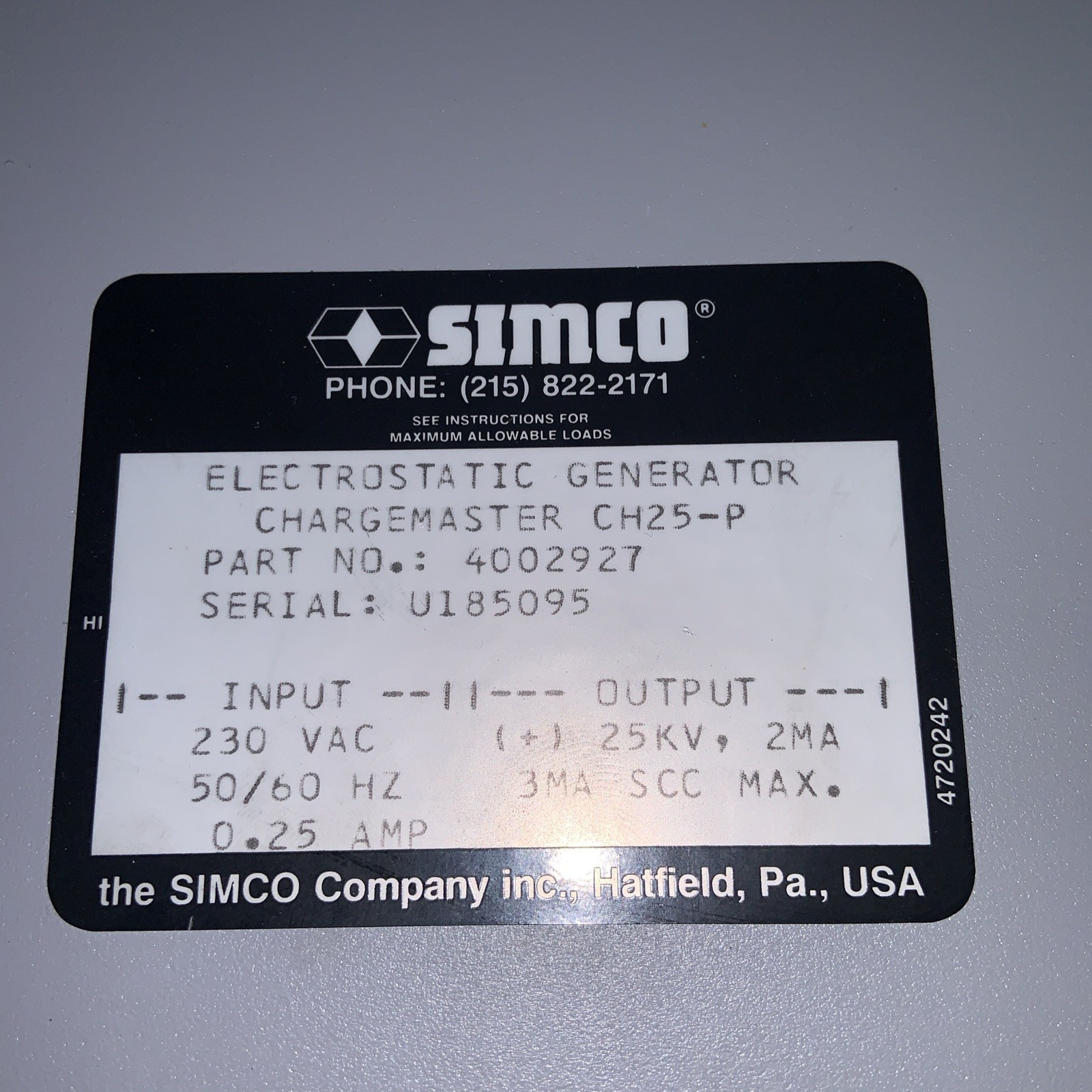 SIMCO CHARGEMASTER Electrostatic Generator CH25-N/CH25-P 230VAC 50/60HZ (2)