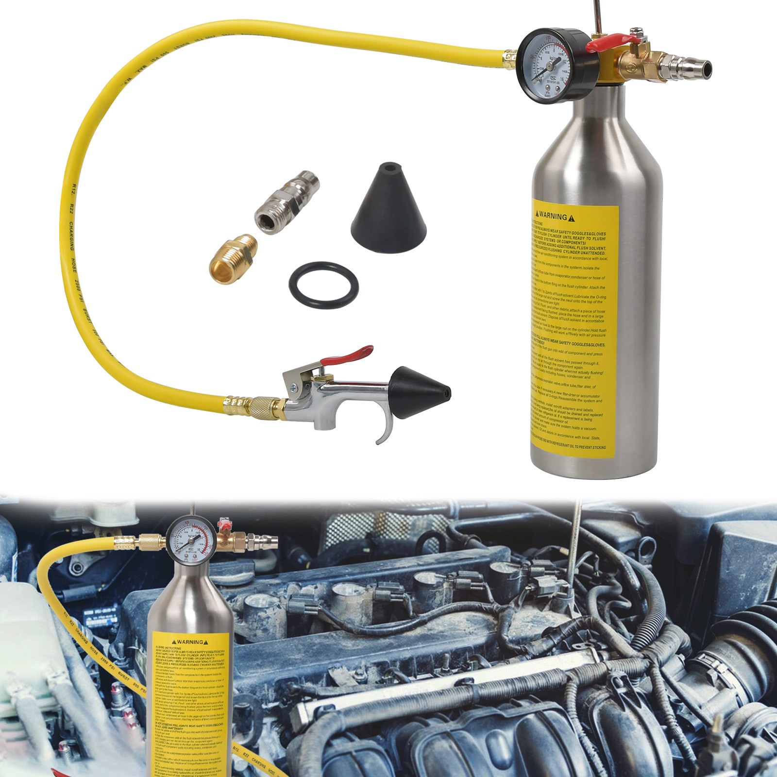 A/C AC Air Conditioner System Flush Canister Gun Tool Kit For R134 R12 R22 R404