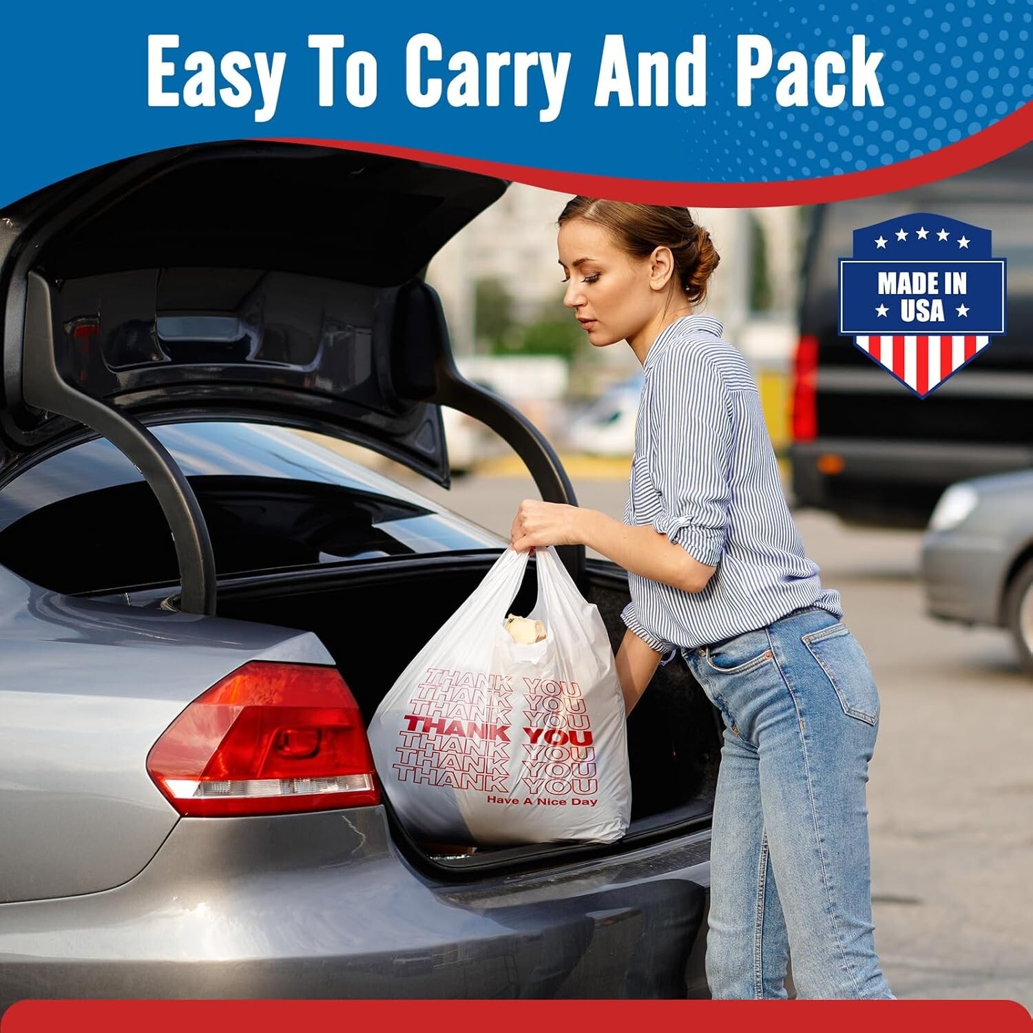 1000 Thank You T-Shirt Bags 12″ x 6.5″ x 21″, Plastic Grocery Shopping Bags
