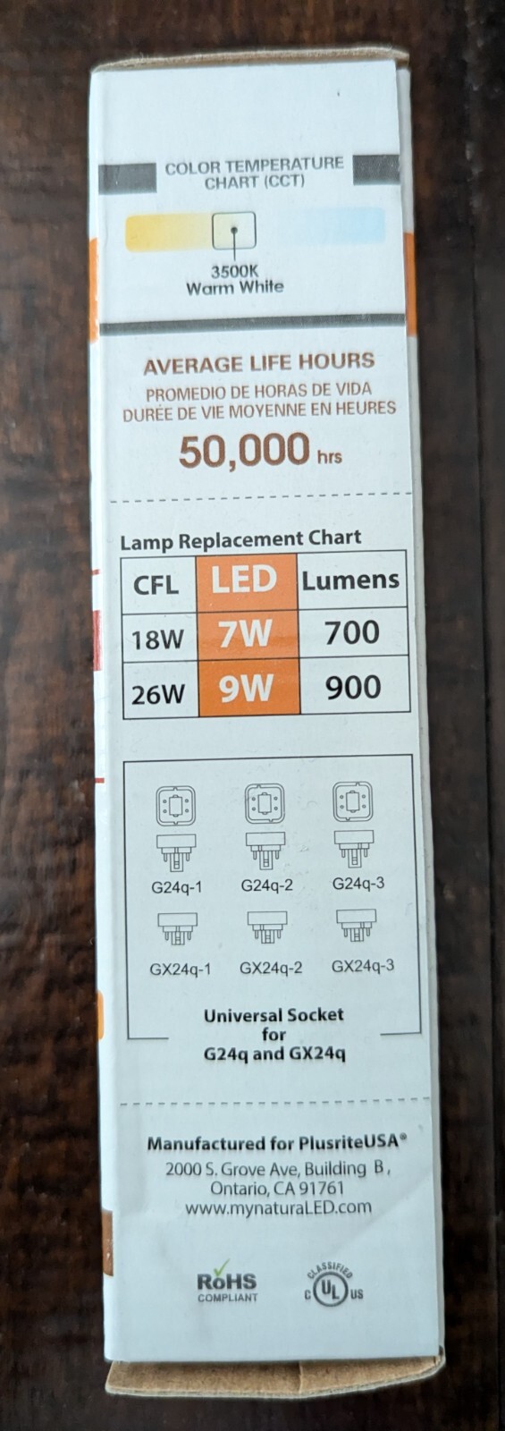 NaturaLED 4PIN 7W/9W 3500K PL LED Lamp Replaces G24q/GX24q 18/26w PL Lamp 2 Pack