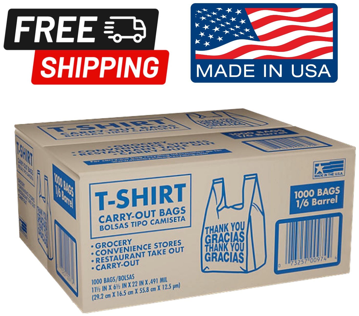 T-Shirt Carry-Out Bags Thank You Gracias Bags 11.5″ x 6.5″ x 22″ (1,000 ct.)