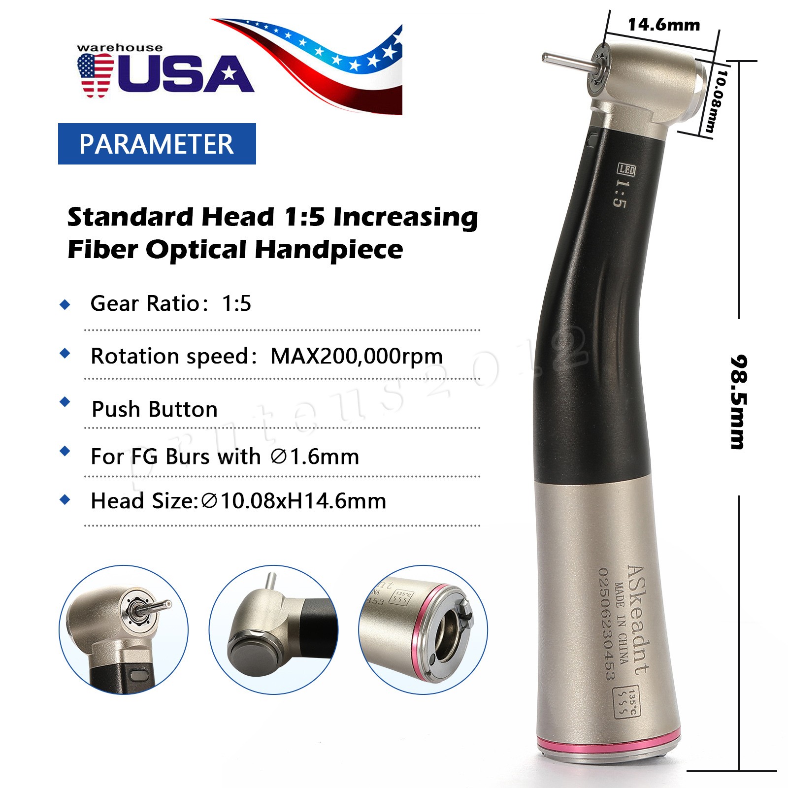 Dental 1:5 Increasing Handpiece Contra Angle LED Fiber Optic /Cartridge Rotor US