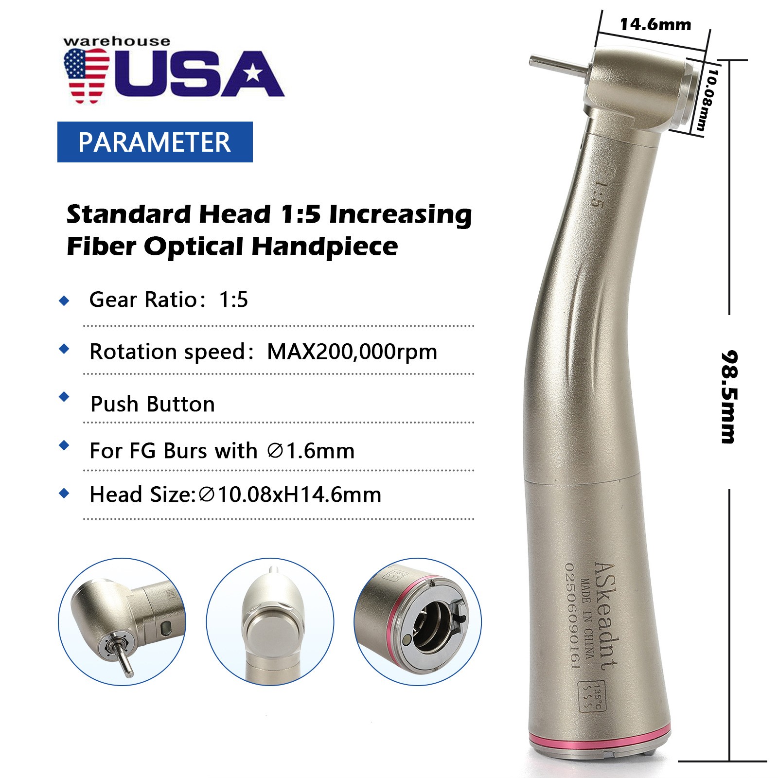 Dental 1:5 Increasing LED Fiber Optic Contra Angle Handpiece for NSK Ti-Max X95L