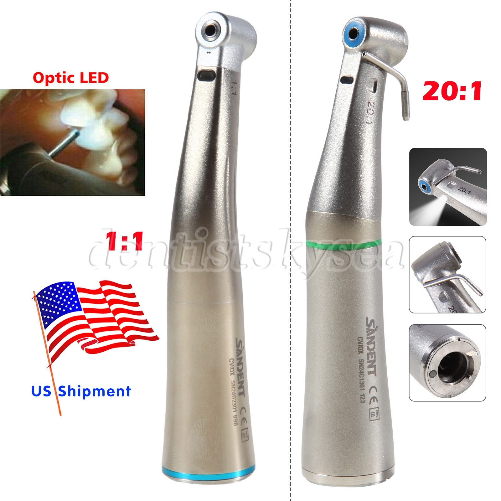 Manejo de ángulo contra de fibra óptica LED dental aumentando 1:1/20:1 implantes