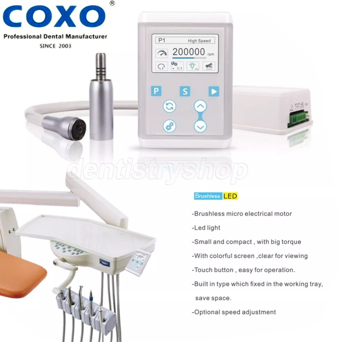 COXO Dental Brushless Electric Motor LED 1:5 Contra Angle Low Speed Handpiece