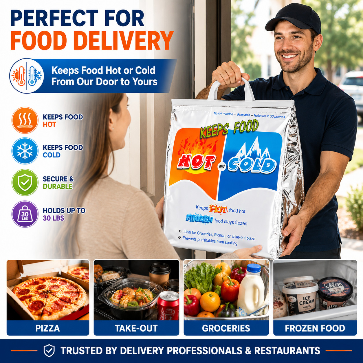 2 Pack Hot Cold Insulated Food Delivery Bags Thermal Grocery Shopping Cooler