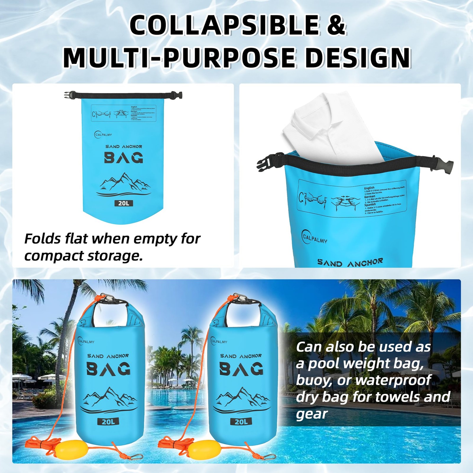 Calpalmy 2-Pack 20L Sand Anchor Bag 2-In-1 Jet Ski Anchor Floating Buoy And