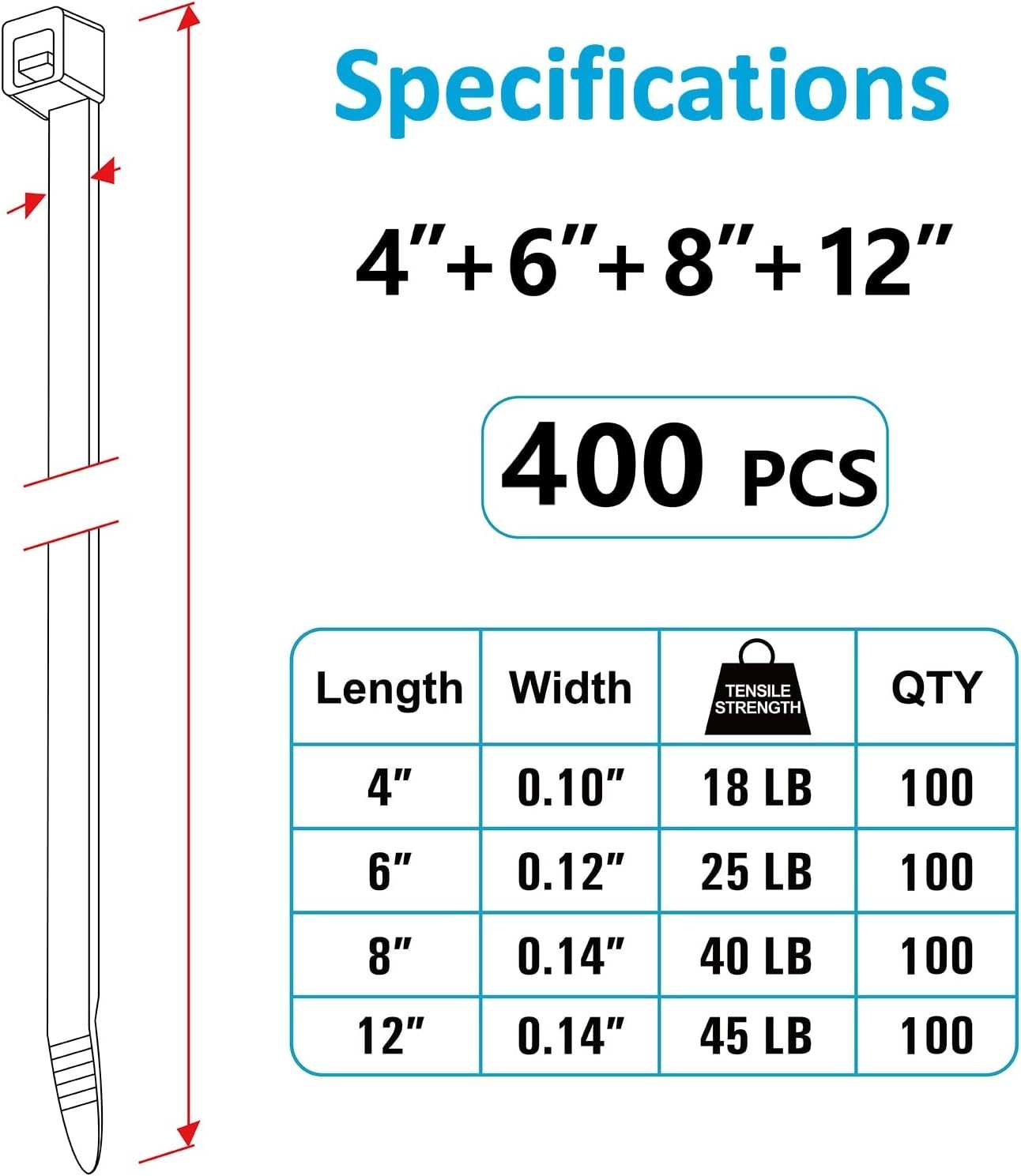 Heavy-Duty Nylon Zip Ties, 400 Count – Assorted Sizes 4” to 12” for Secure Use