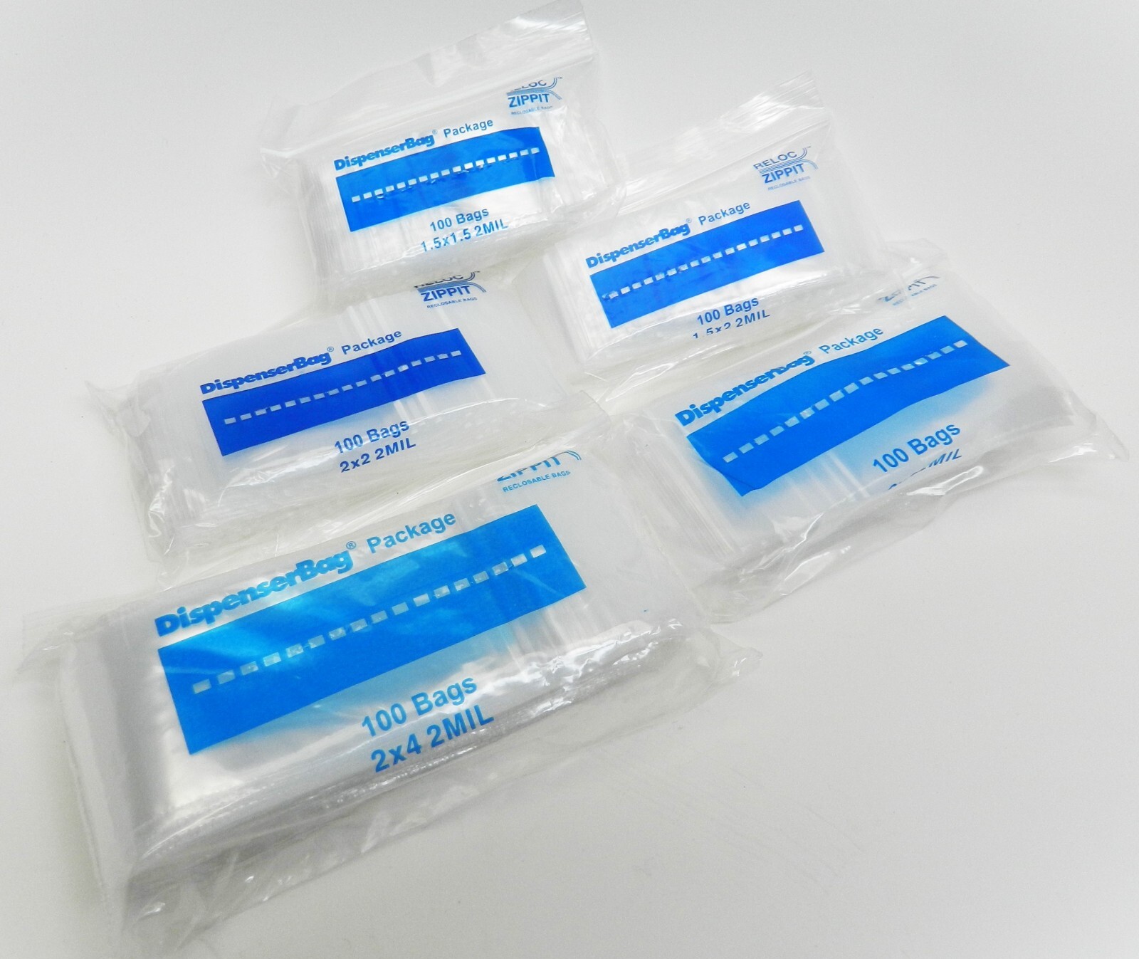 500 Zippit Bags 5 Small Assorted Sizes 100 Each Clear 2mil Reloc Zip Seal Baggie