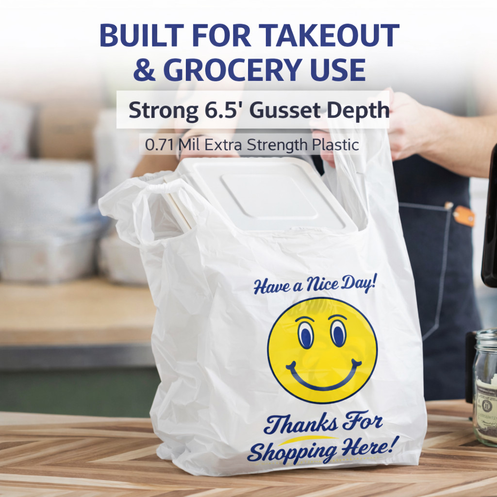 Bags Heavy Duty 1/6 21 x 6.5 x 11.5 Happy Face T-Shirt Plastic Grocery Shopping