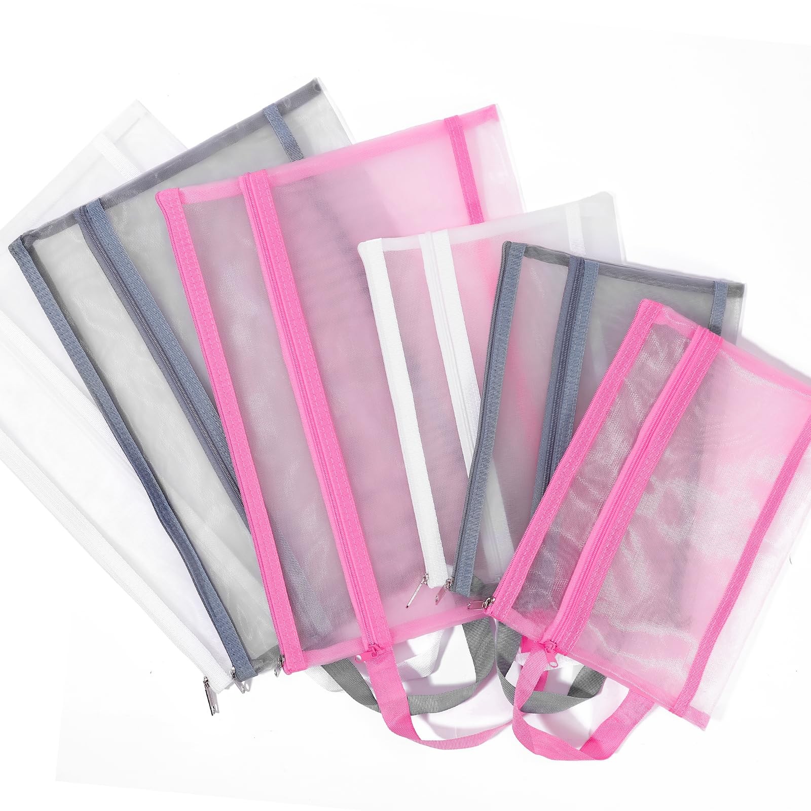 6 PCS Mesh Zipper Pouch Bags Double Layer Nylon Handle Travel Office Pink A5