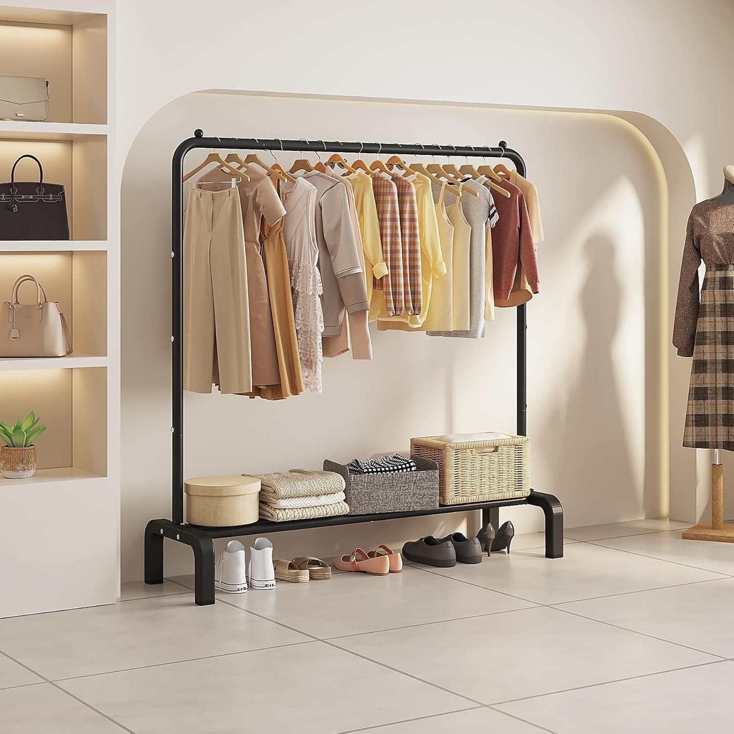 Stylish Black Clothing Rack with Bottom Shelf for Efficient Garment Organization