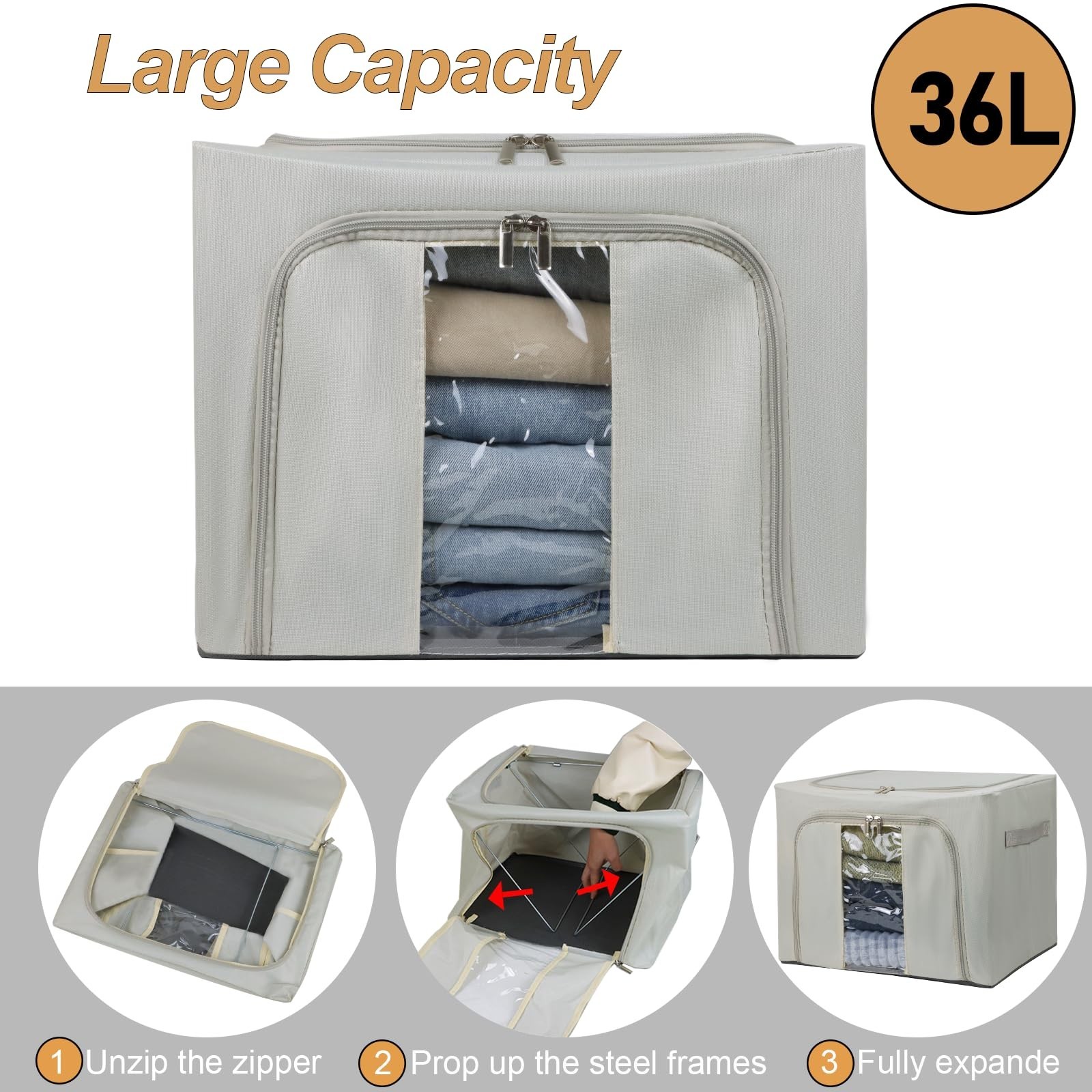 36L Clothes Storage Bins with Metal Frame, 3 Pcs Stackable Clothing Storage B…