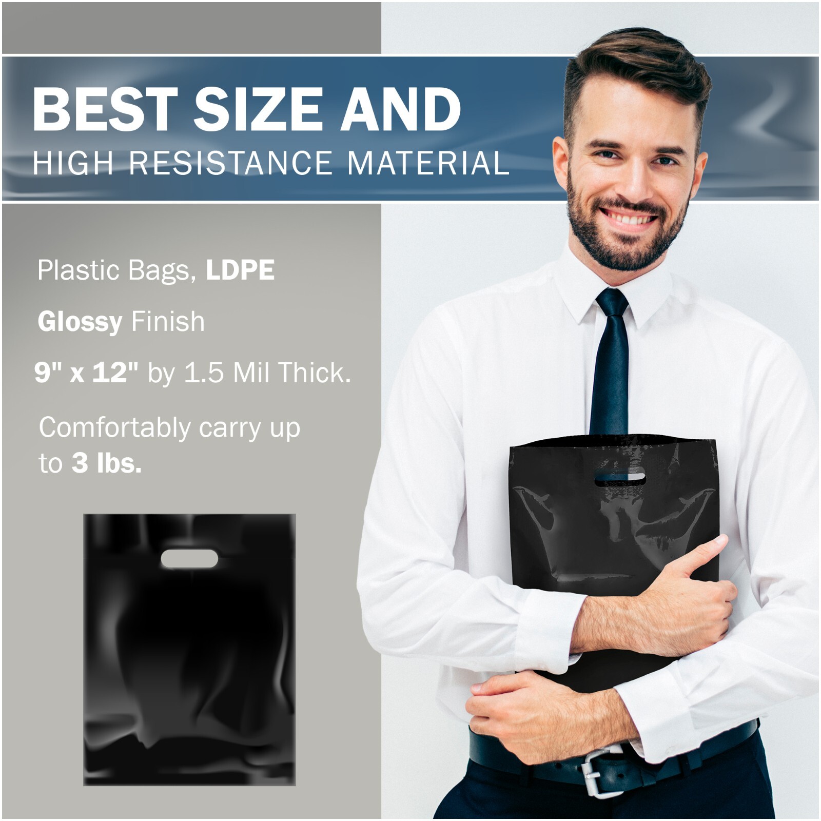 Black Merchandise Plastic Shopping Bags – 100 Pack 9″ x 12″ with 1.5 mil Thick