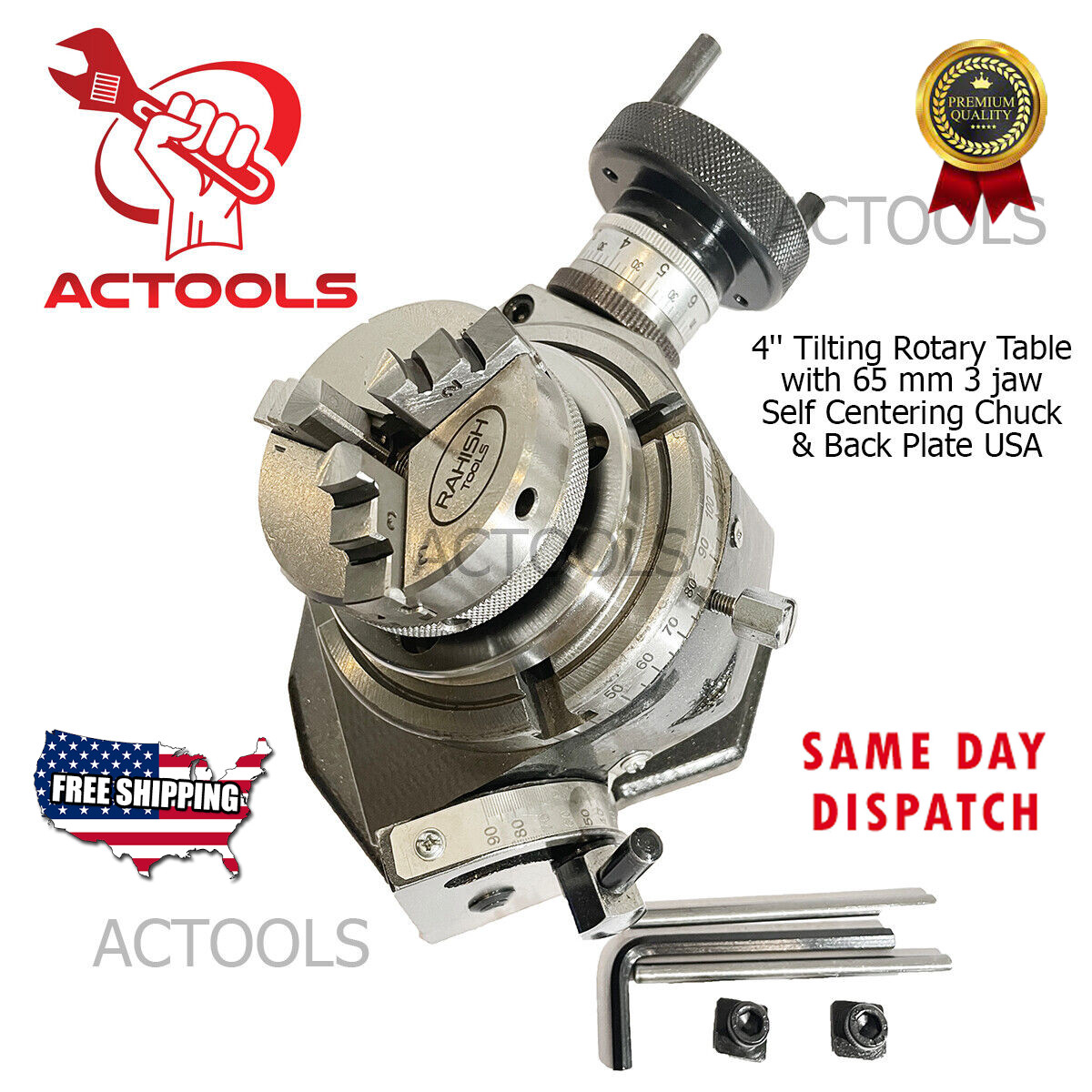 4′ Inch Tilting Rotary Table with 65 mm 3 jaw Self Centering Chuck & Back Plate