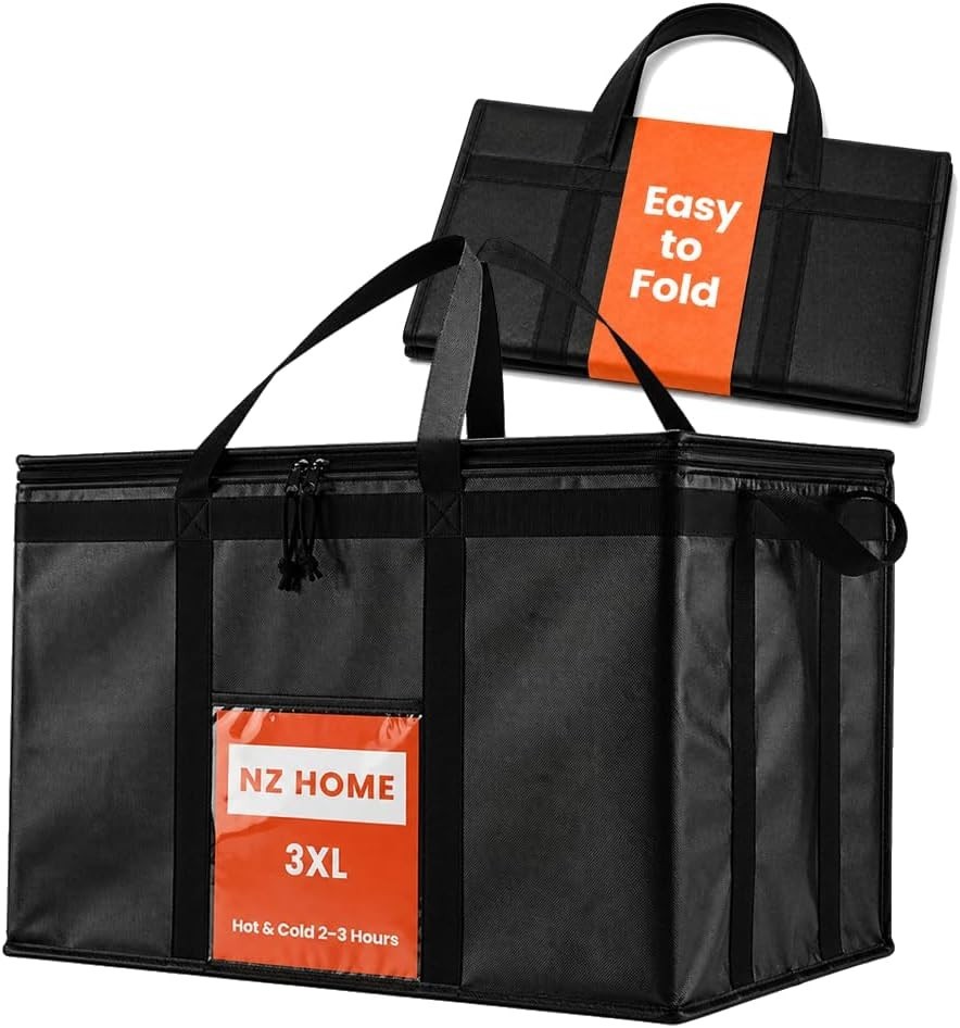 Durable Insulated Bag for Food Delivery, Reusable Cooler with Slip Pocket