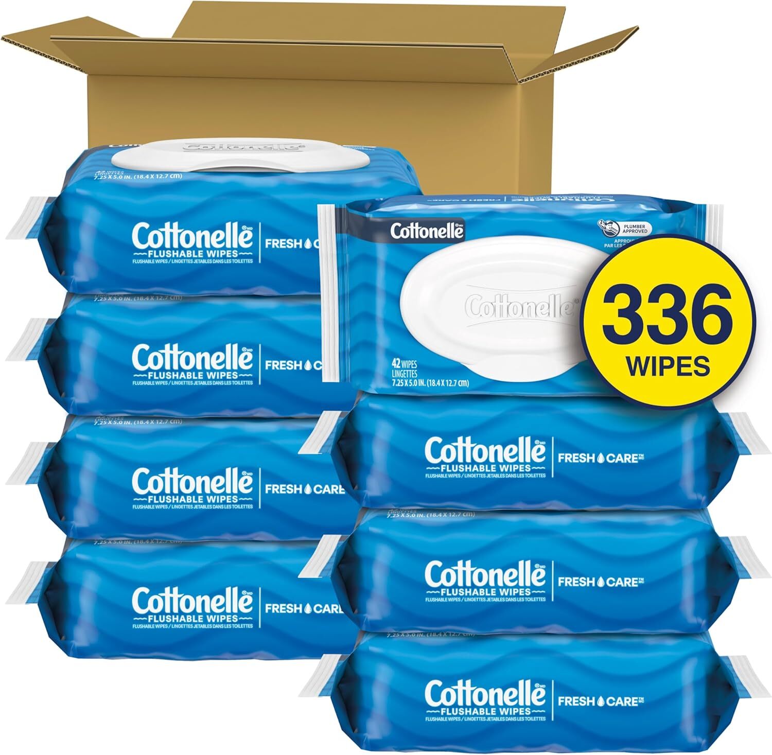 Fresh Feel Flushable Wet Wipes, Adult Wet Wipes, 8 Flip-Top Packs, 42 Wipes per