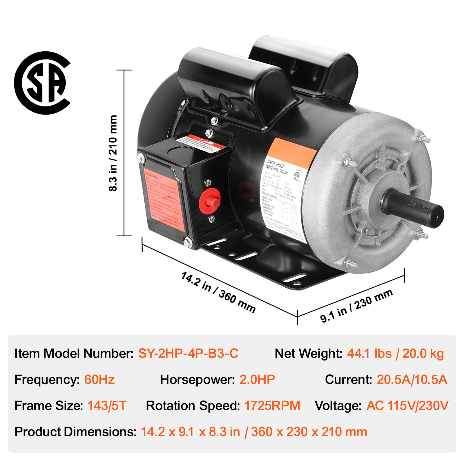VEVOR 2HP Electric Motor 1725RPM AC115/230V 143/5T Frame 1-Phase 7/8″ Key Shaft