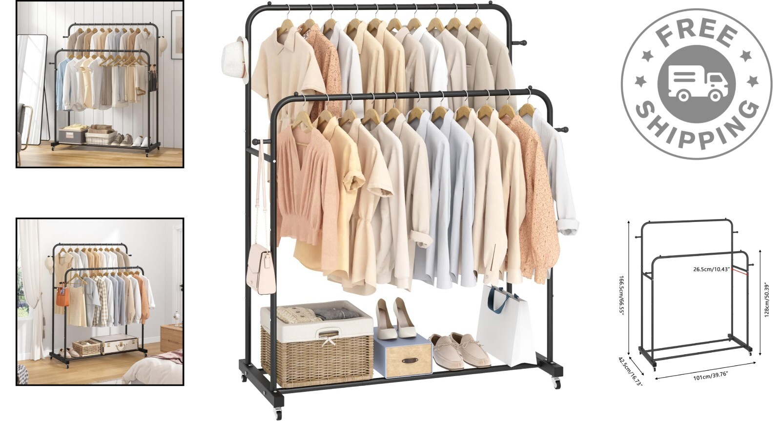 Modern Freestanding Clothes Organizer with Wheels and Dual Rods – Sleek Black