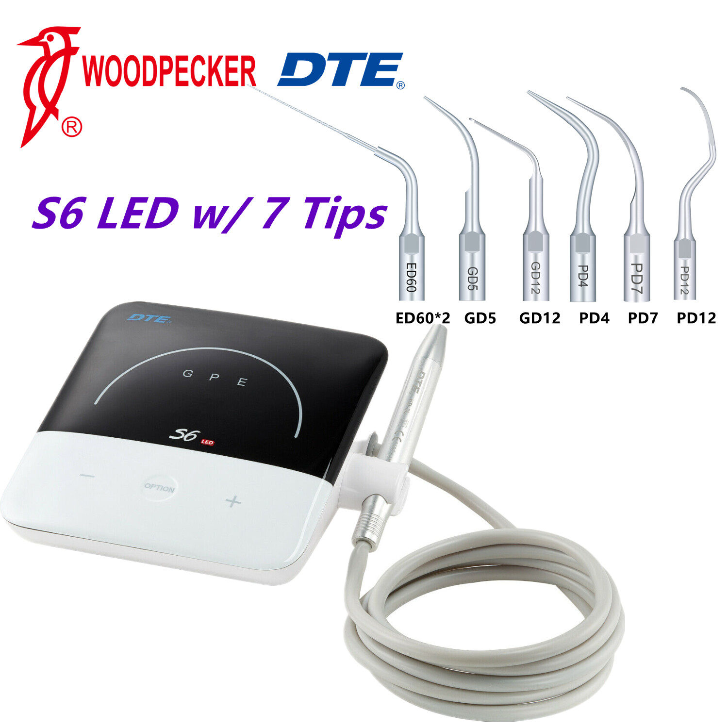 Woodpecker DTE S6 LED Dental Ultrasonic Piezo Scaler HD-8L LED Handpiece 7*Tips