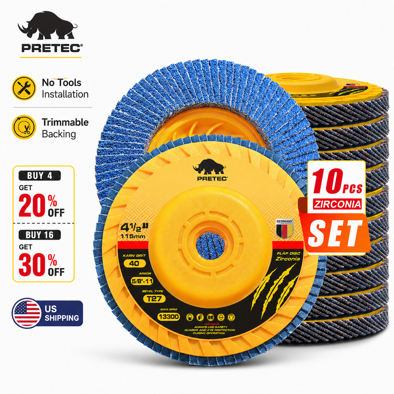 10 Pack 4-1/2″ x 5/8-11″ Zirconia Flap Discs 40 Grit Tool-Free for Angle Grinde