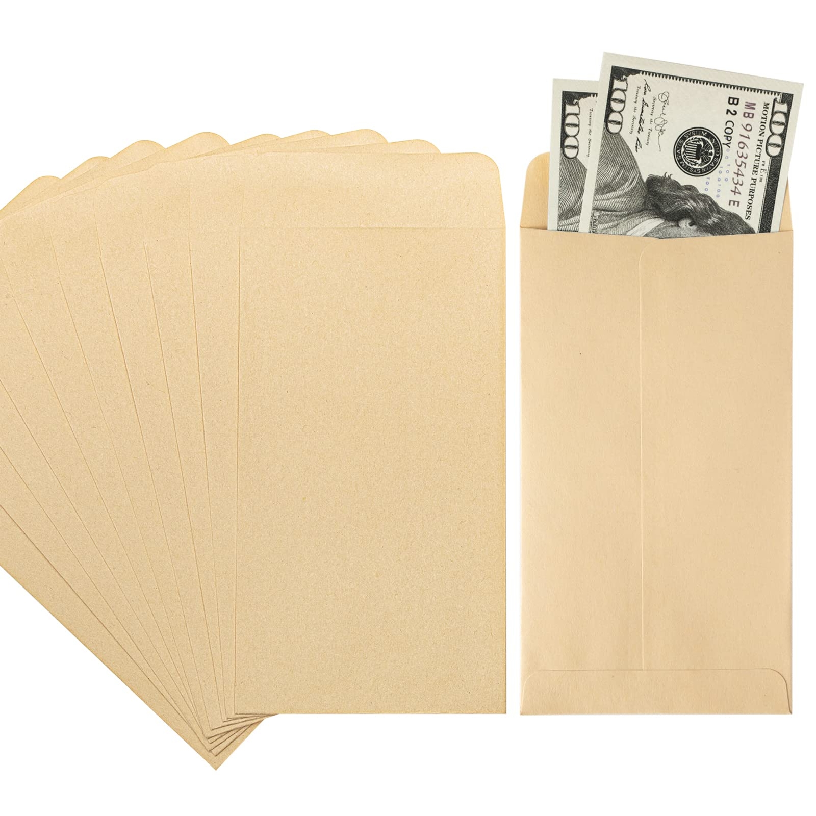 100 PACK Brown Cash Envelopes 3 1/2 x 6 1/2 for Budgeting, Small Kraft Money