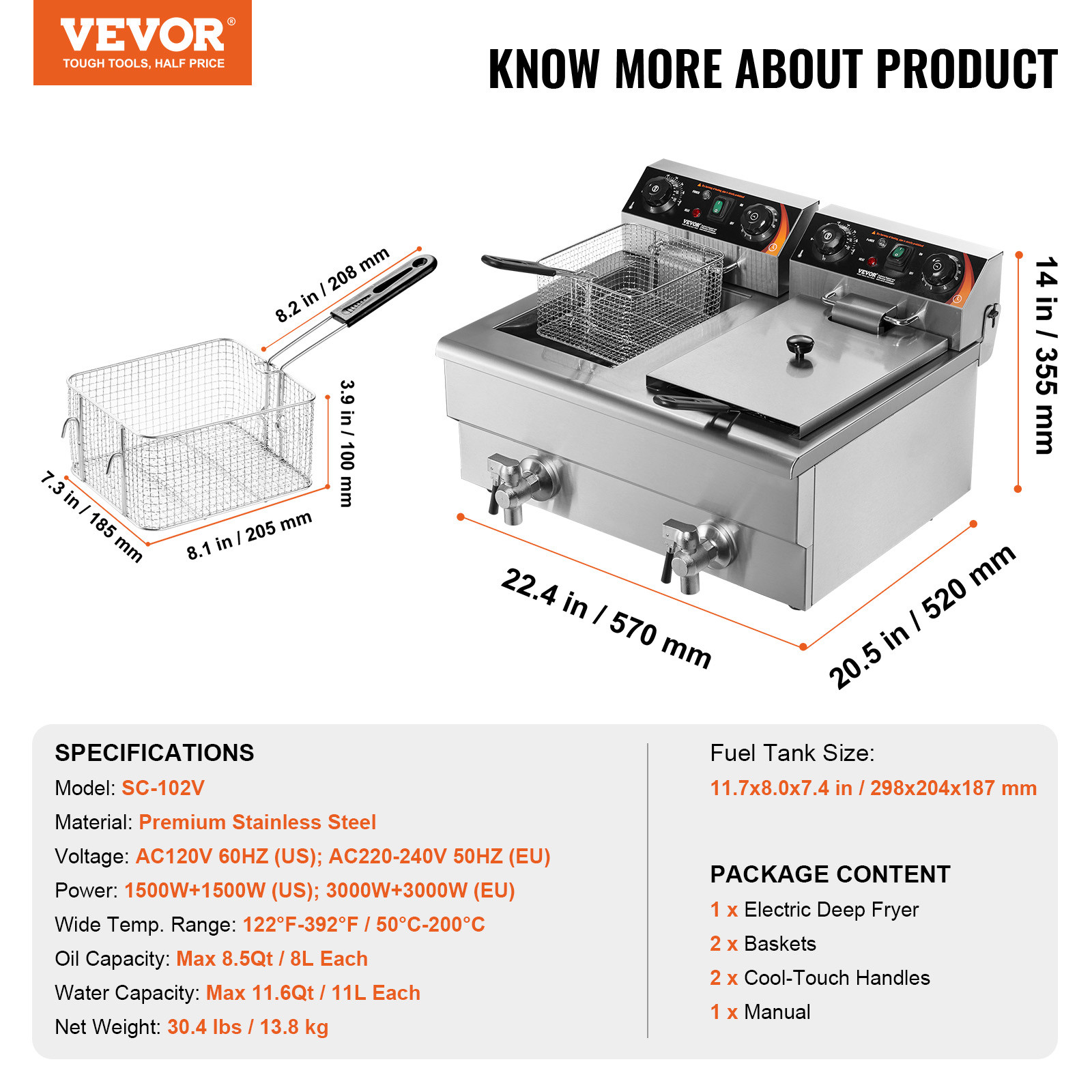 VEVOR Commercial Electric Deep Fryer Countertop Fryer 3000W Dual Tank 2x11Qt/11L