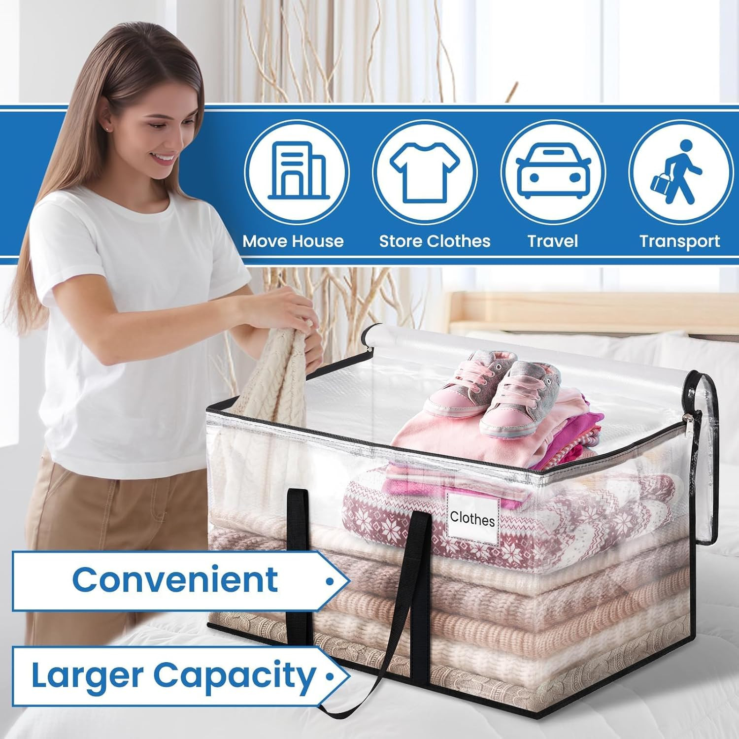 Heavy Duty Clear Moving Bags with Reinforced Handle and Double Zipper, Storage T