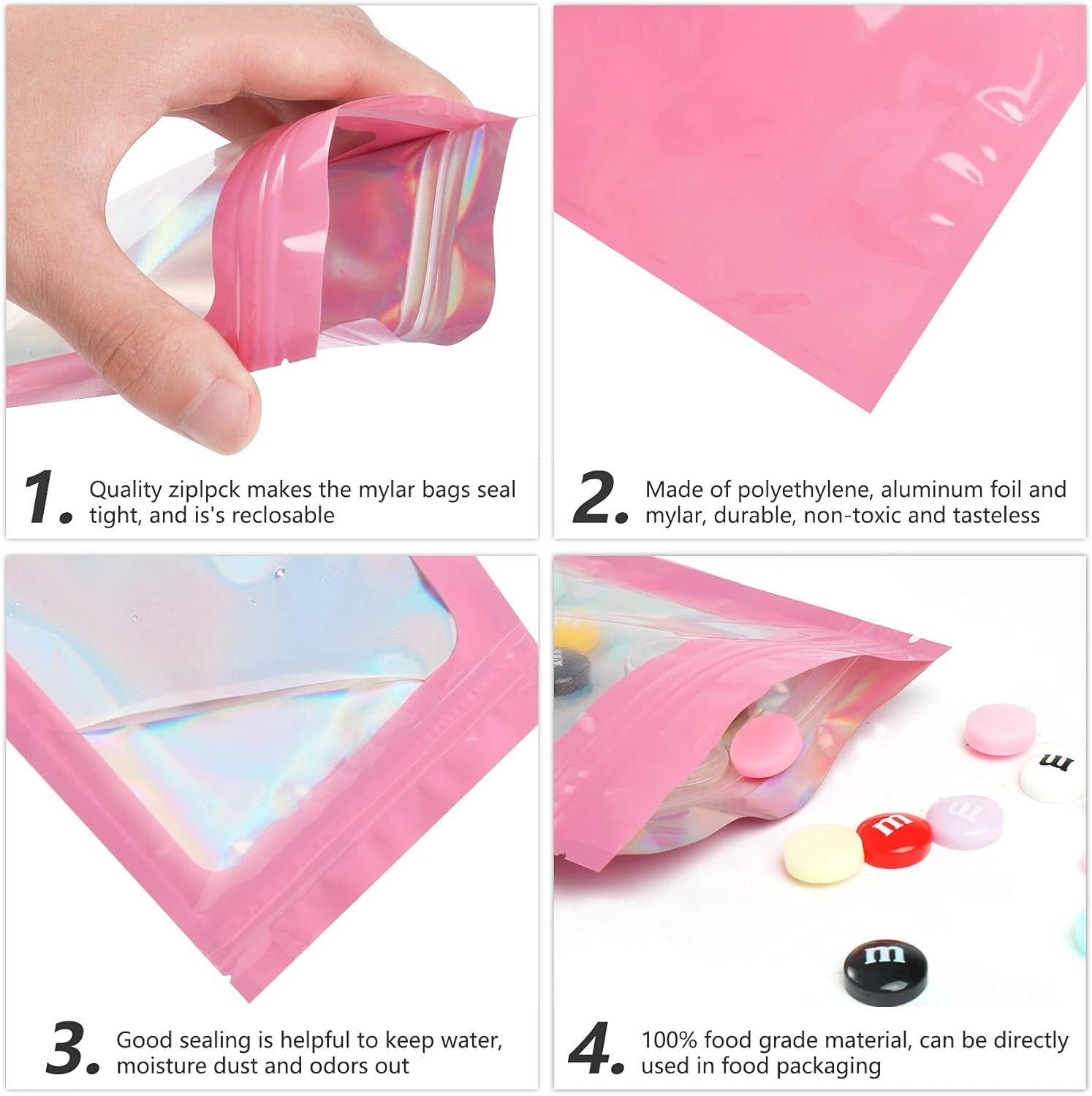 100-400Pcs Holographic Mylar Foil Bags Smell Proof Resealable Zip Seal Pouches