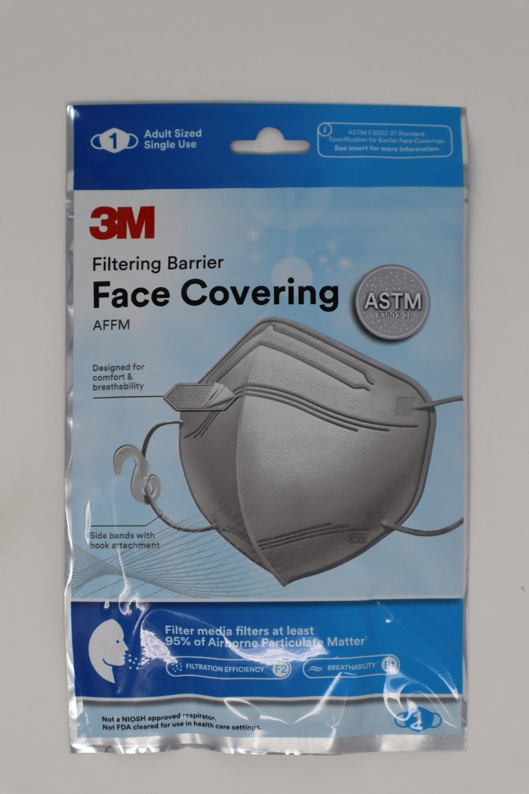 20-Pack 3M Filtering Barrier Face Covering, Adult Sized Single Use, ASTM Tested