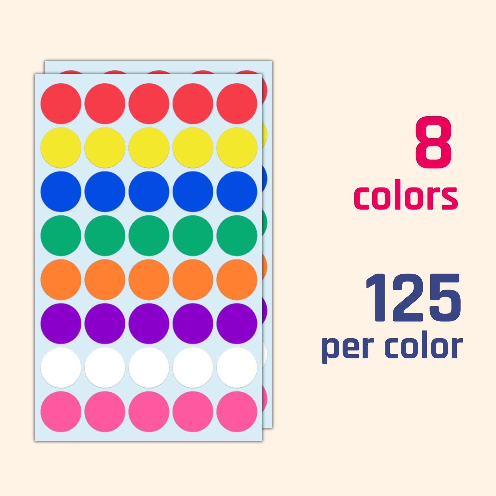 1000 Pack, 1 inch – Colored Round Circle Dot Stickers, 1000 Pieces, 8 Colors