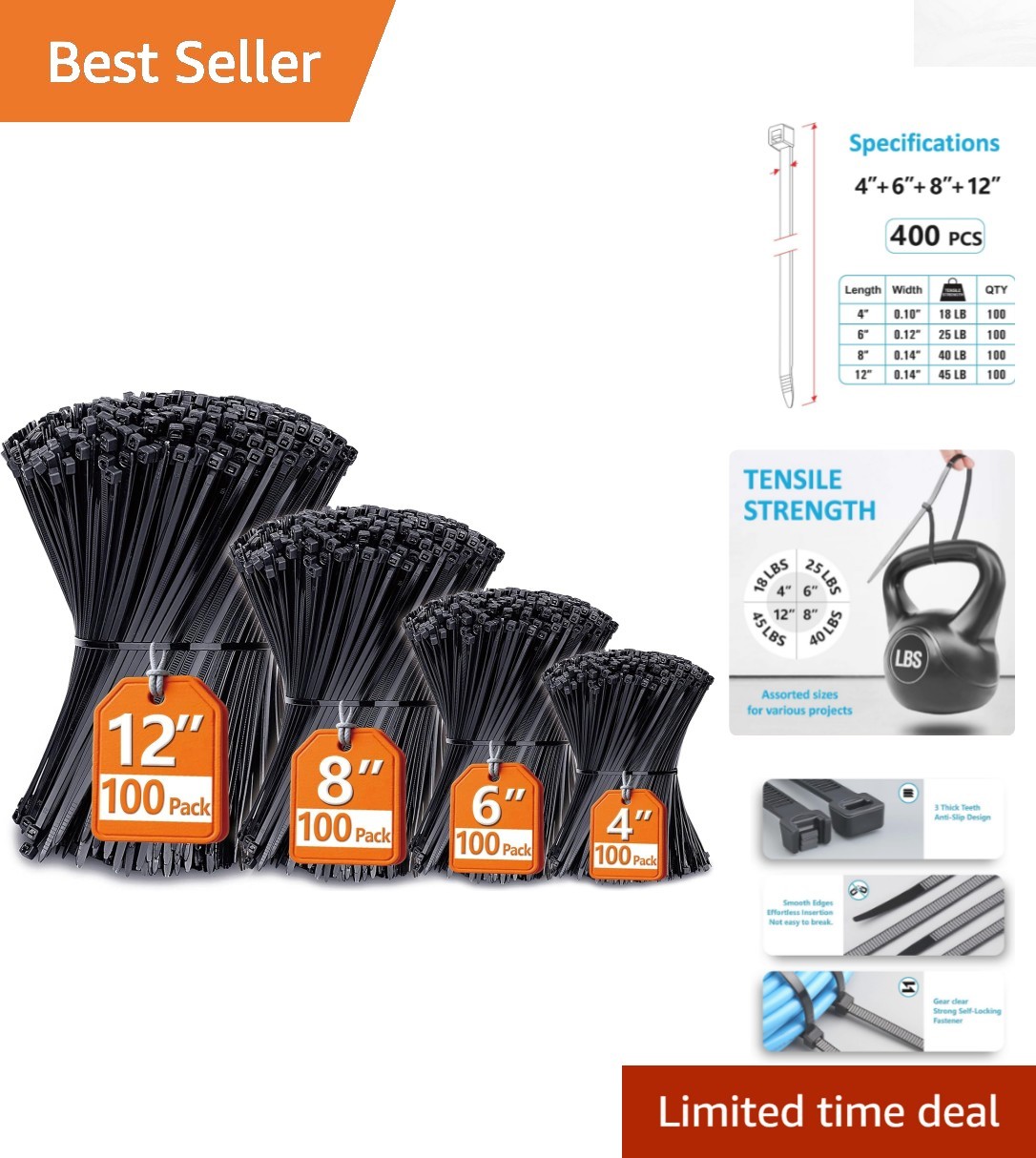Heavy-Duty Nylon Zip Ties, 400 Count – Assorted Sizes 4” to 12” for Secure Use